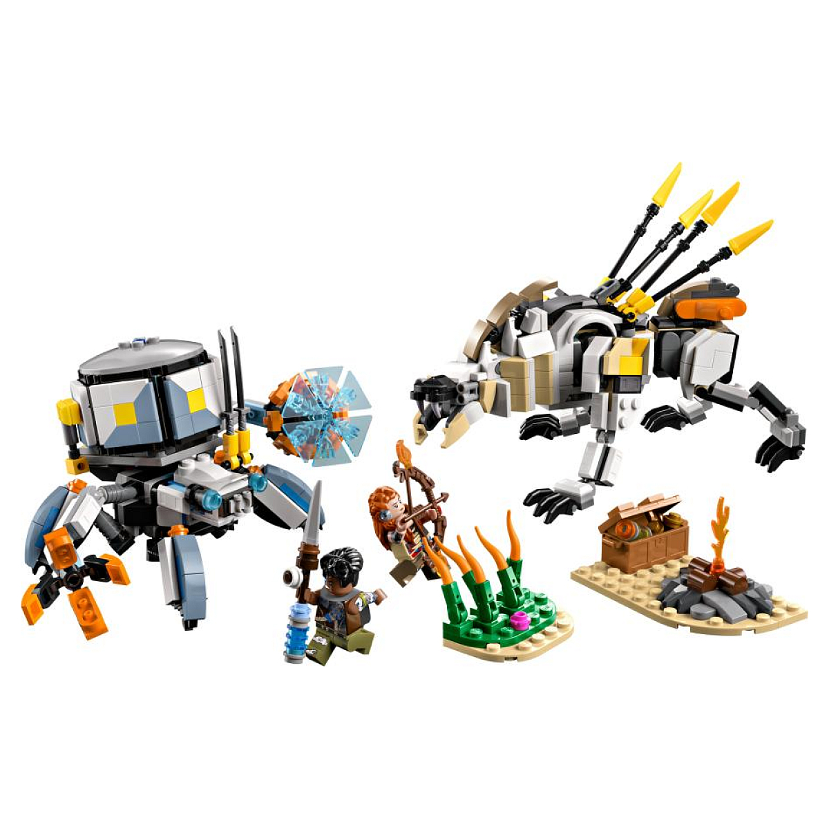 Lego Horizon Adventures Set mit Aloy, Maschinen und einem Sägezahn-Kreatur.
