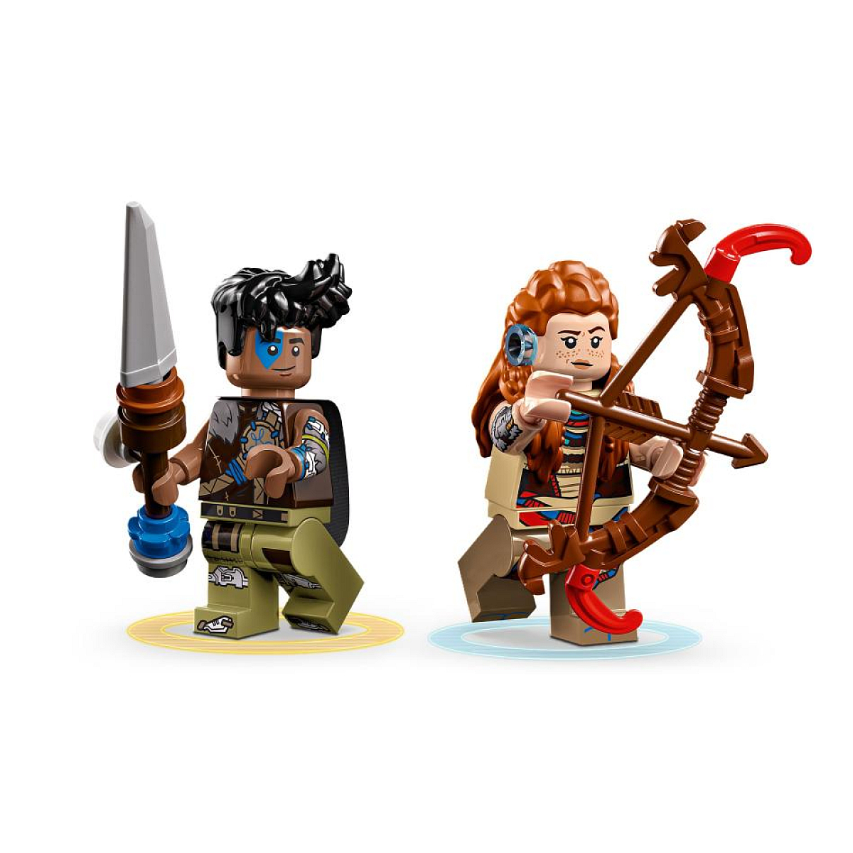 Zwei Lego-Figuren. Eine hält ein Schwert, die andere einen Bogenschützen. Beide stehen auf gelben Kreisen.