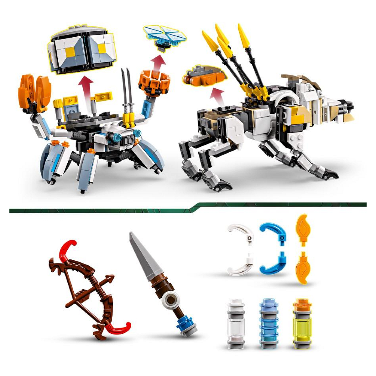 Lego-Set: Zwei roboterartige Figuren mit Waffen und Zubehör. Enthält blaue, weiße und gelbe Teile.