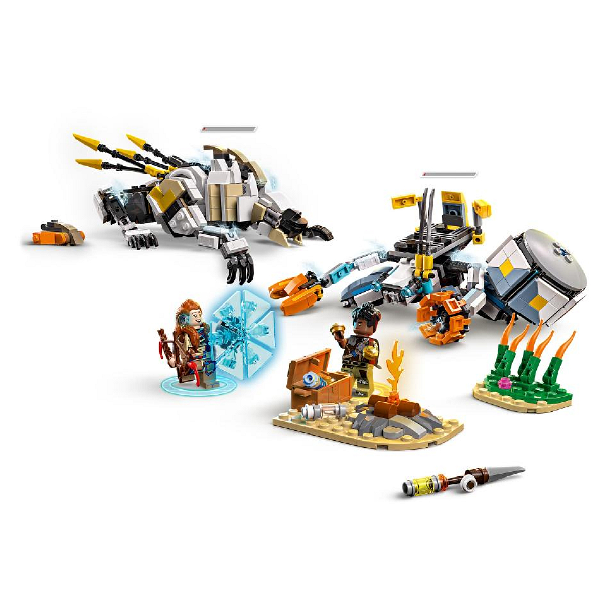 Ein Lego-Set mit roboterartigen Kreaturen, Figuren und einer Schatztruhe auf weißem Untergrund.