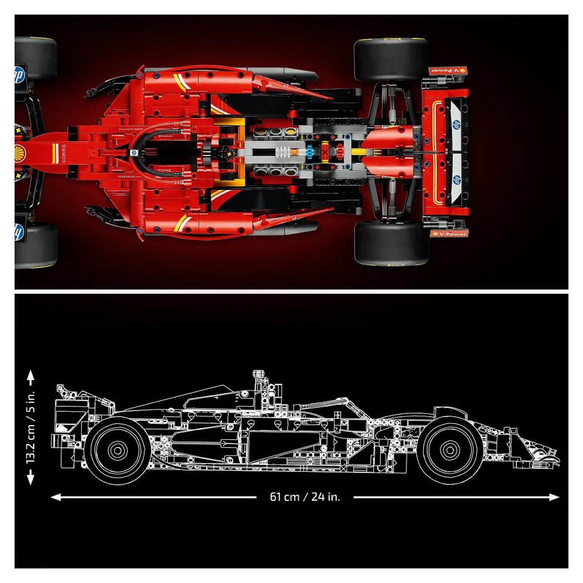 Widok z góry i z boku czerwonego bolidu Formuły 1 z klocków Lego. Czarne tło.