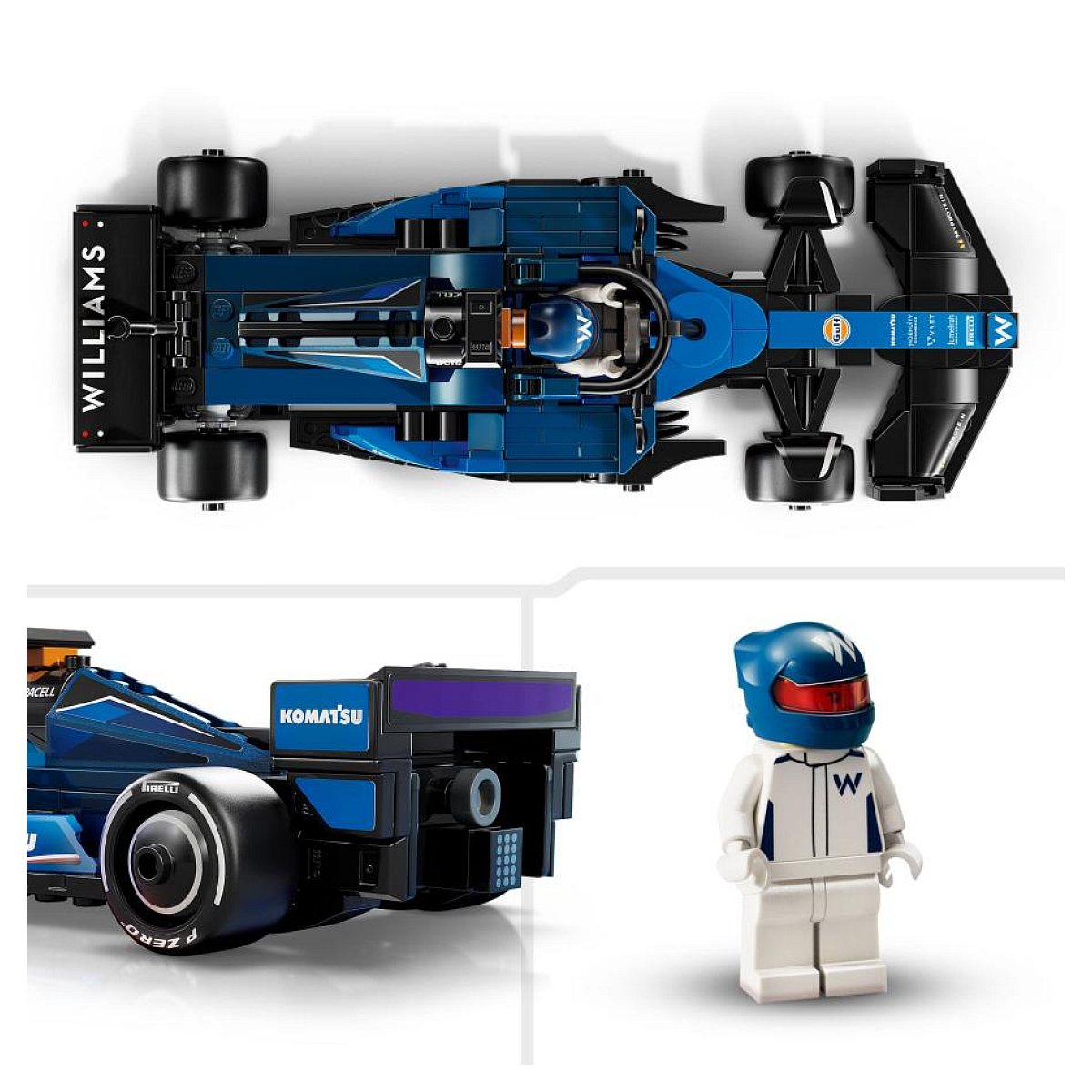 Zestaw Lego: Widok z góry na ciemnoniebieski samochód Formuły 1. Zawiera figurkę kierowcy i białe tło.
