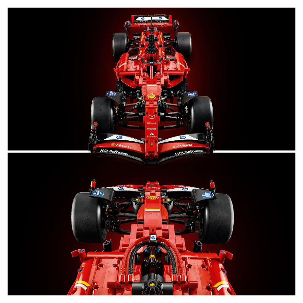Model samochodu wyścigowego Ferrari Formuły 1 LEGO Technic. Dwa widoki pokazujące szczegóły samochodu.