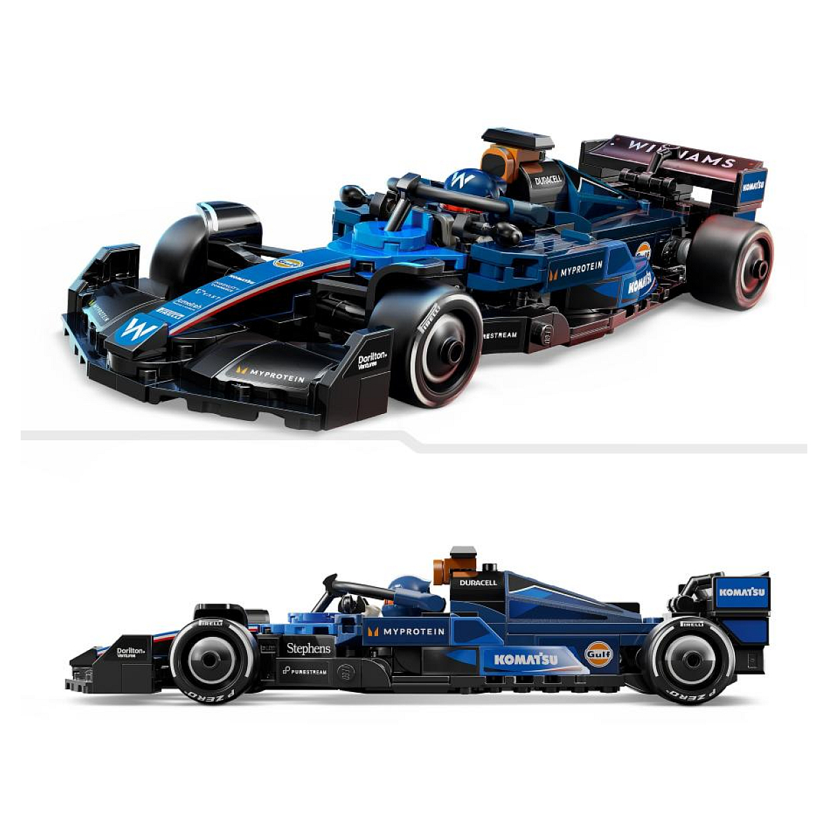 Dwa modele samochodów wyścigowych Lego, jeden niebieski, drugi z widokiem z góry.