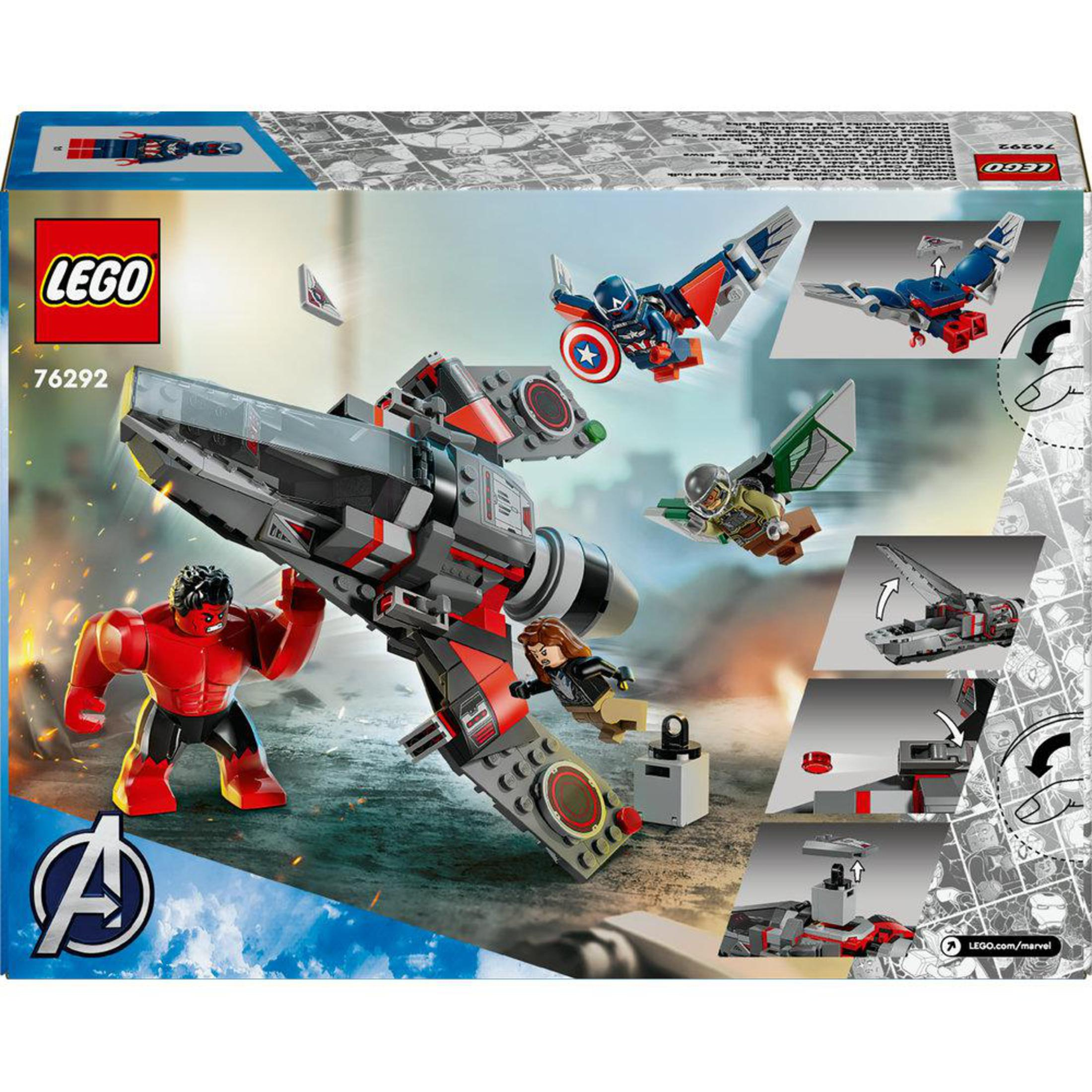 Lego Set mit Figuren, rotem Hulk und fliegenden Jets auf weißem Hintergrund.