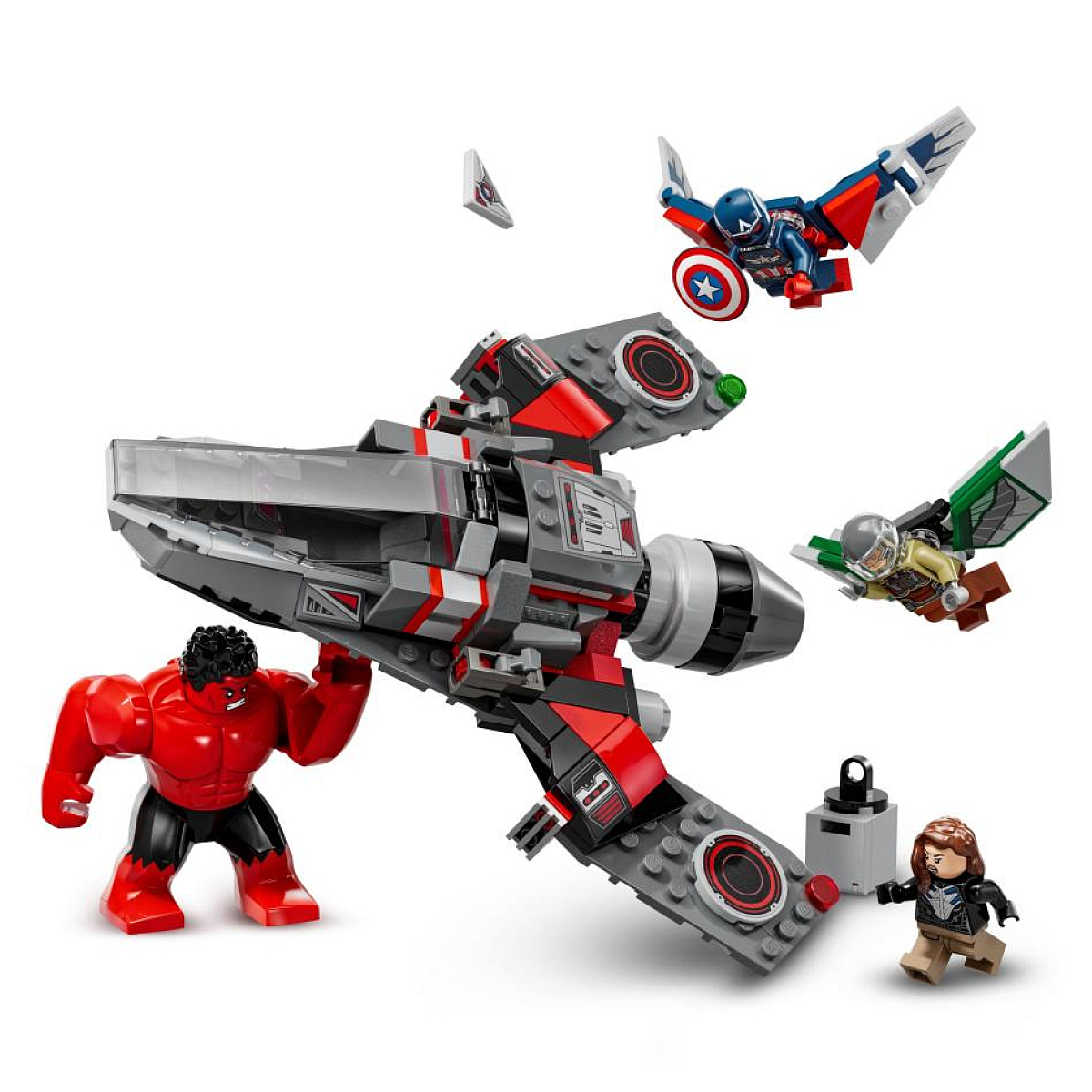 Ein Lego-Set zeigt einen roten Hulk, Captain America und Ant-Man. Ein graues Schiff ist im Hintergrund.
