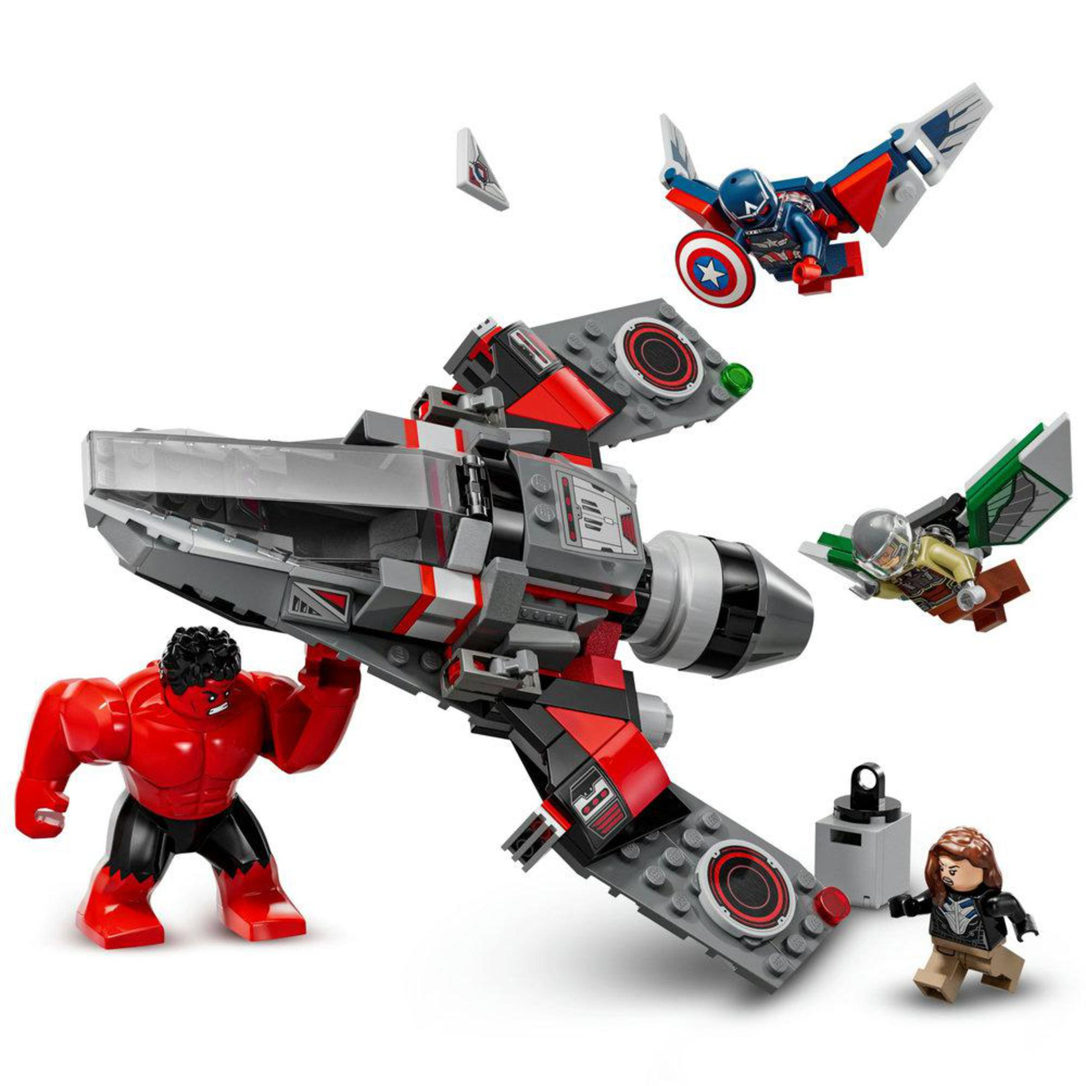 Lego-Set mit Hulk, Captain America und anderen. Die Szene zeigt ein Raumschiff und Figuren.