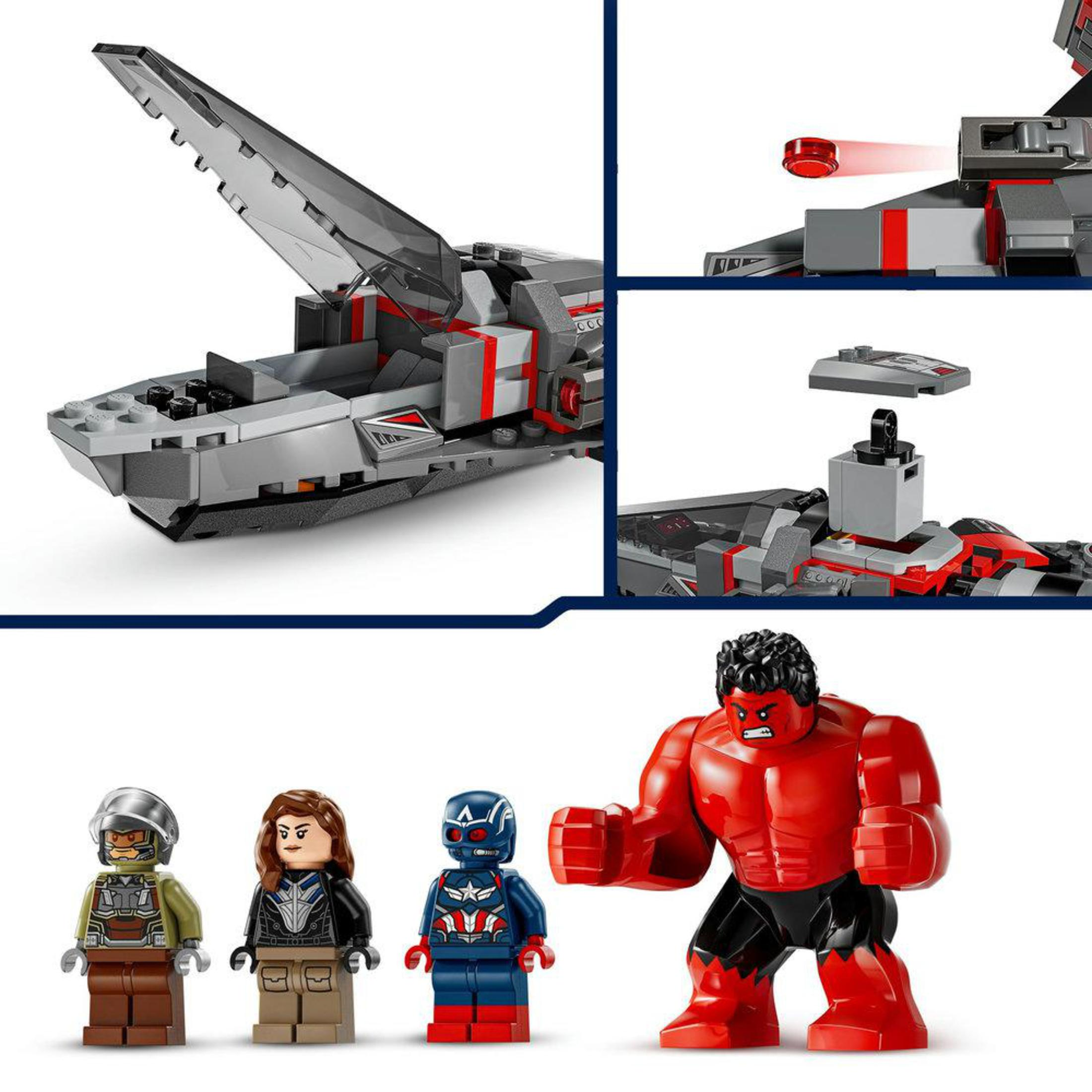 Lego-Set: Ein graues Raumschiff mit Figuren von Captain America, Red Hulk und einem Piloten. Weißer Hintergrund.