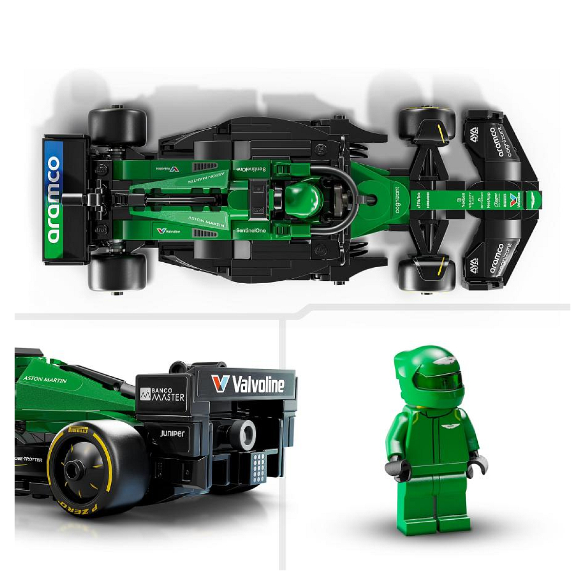 Widok z góry na samochód Lego Formuły 1. Pokazana jest również figurka Lego w zielonym kasku.