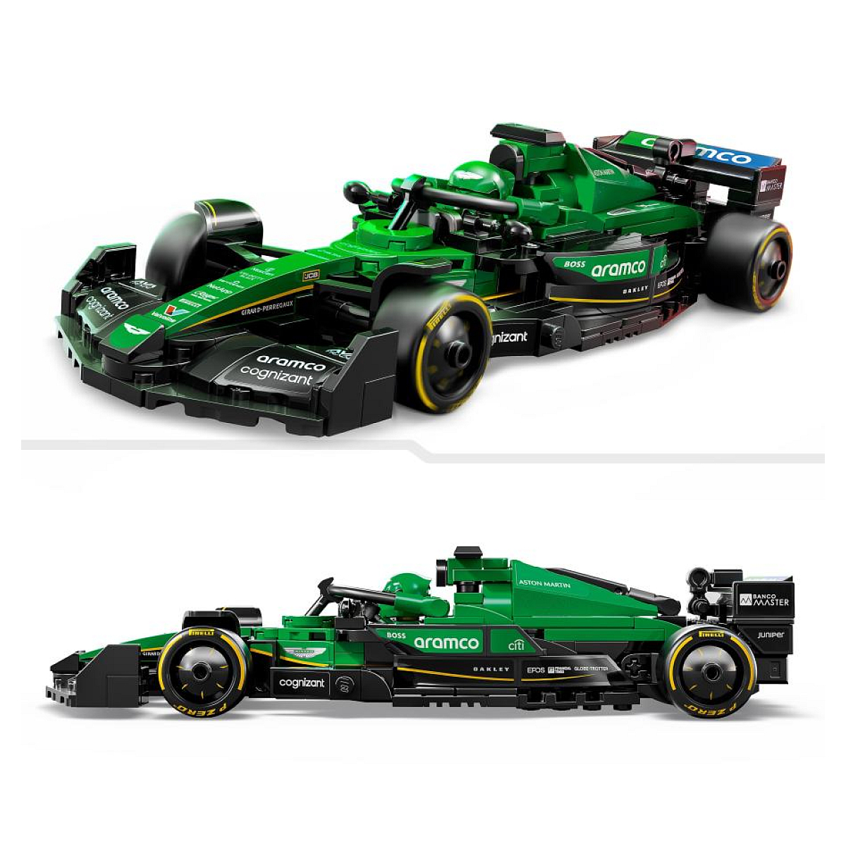 Dwa szczegółowe widoki z góry i z boku zielonego samochodu F1 Lego Aston Martin, z logo.