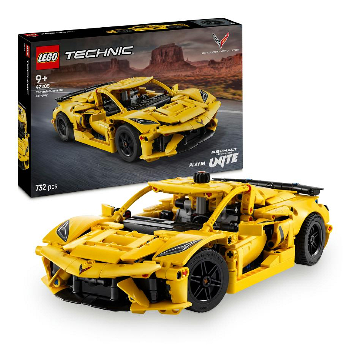 Modelo LEGO Technic Chevrolet Corvette ZR1. Coche deportivo amarillo con ruedas negras y caja.