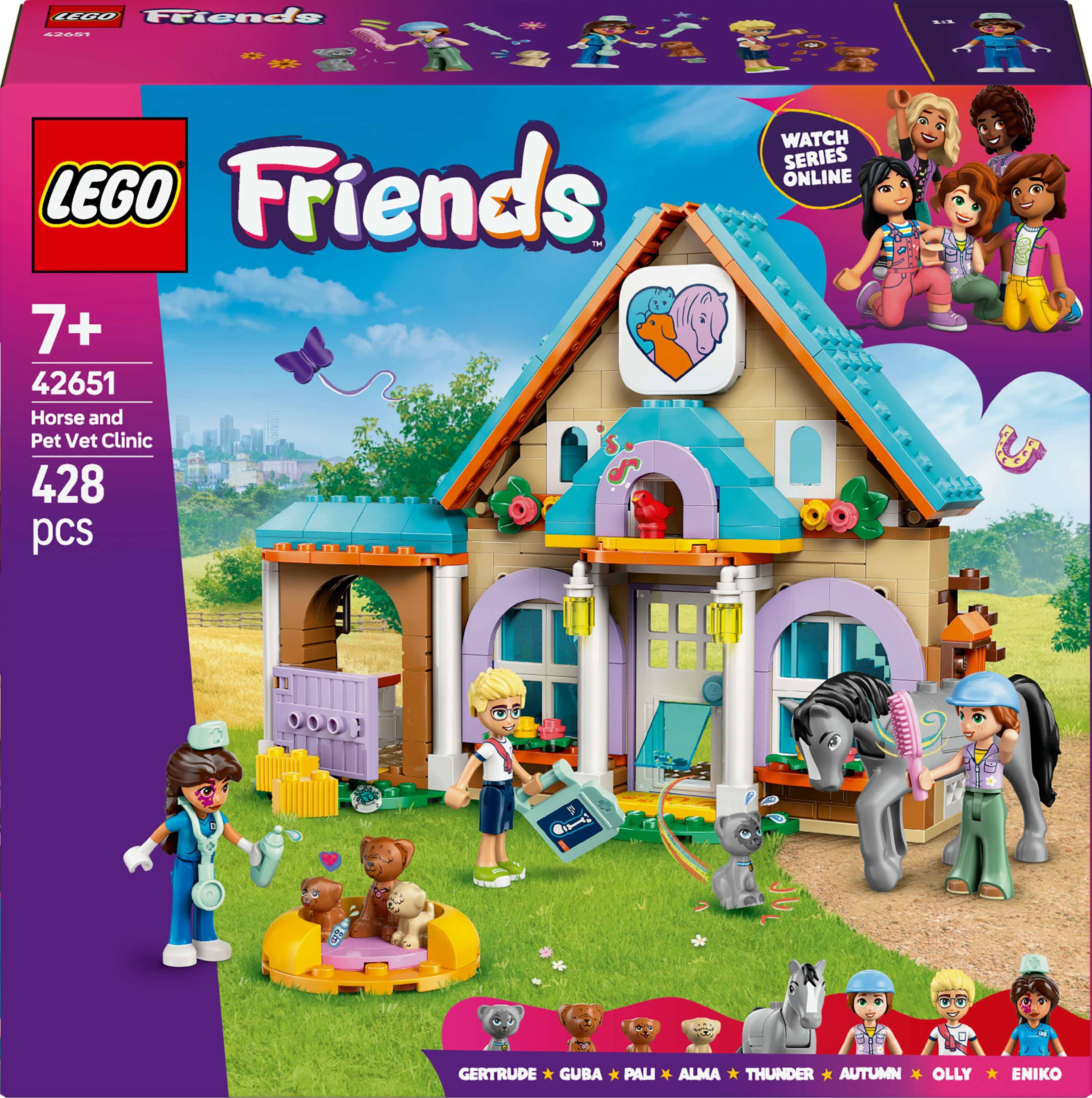 Un set Lego Friends Horse and Pet Vet Clinic, con un edificio, mini-figuras, animales y herramientas veterinarias.
