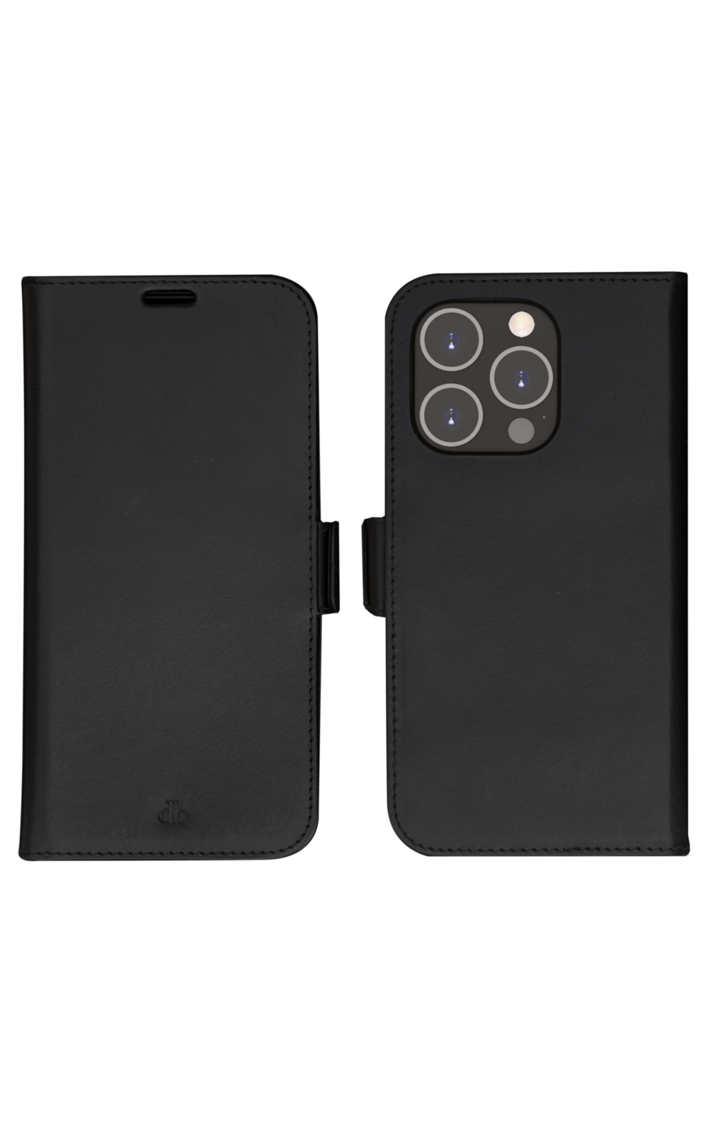 Custodia per telefono nera, aperta, che rivela il modulo fotocamera del telefono.