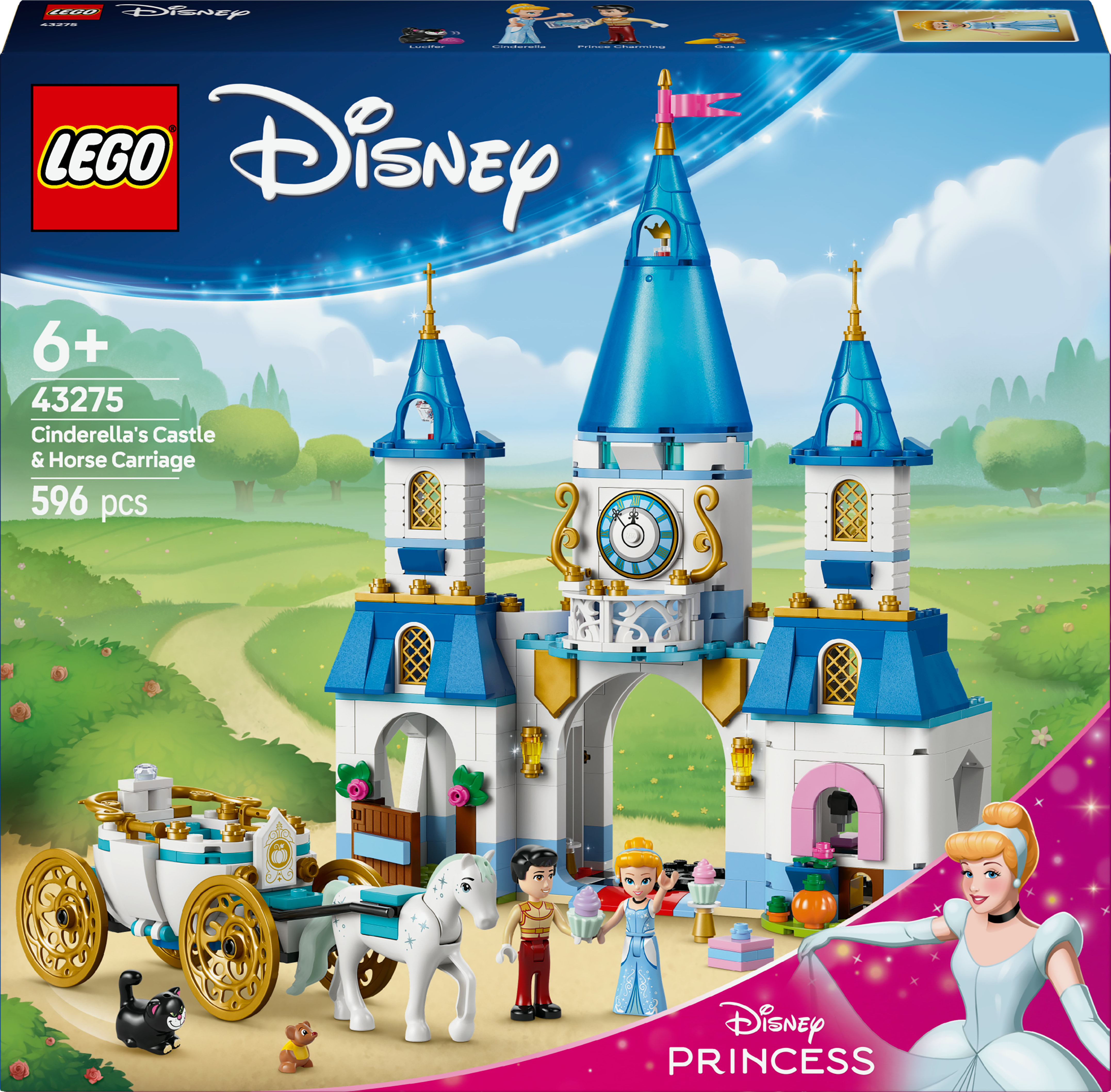 Una caja del set Lego Disney Castillo de Cenicienta y el castillo ensamblado con figuras y un carruaje.