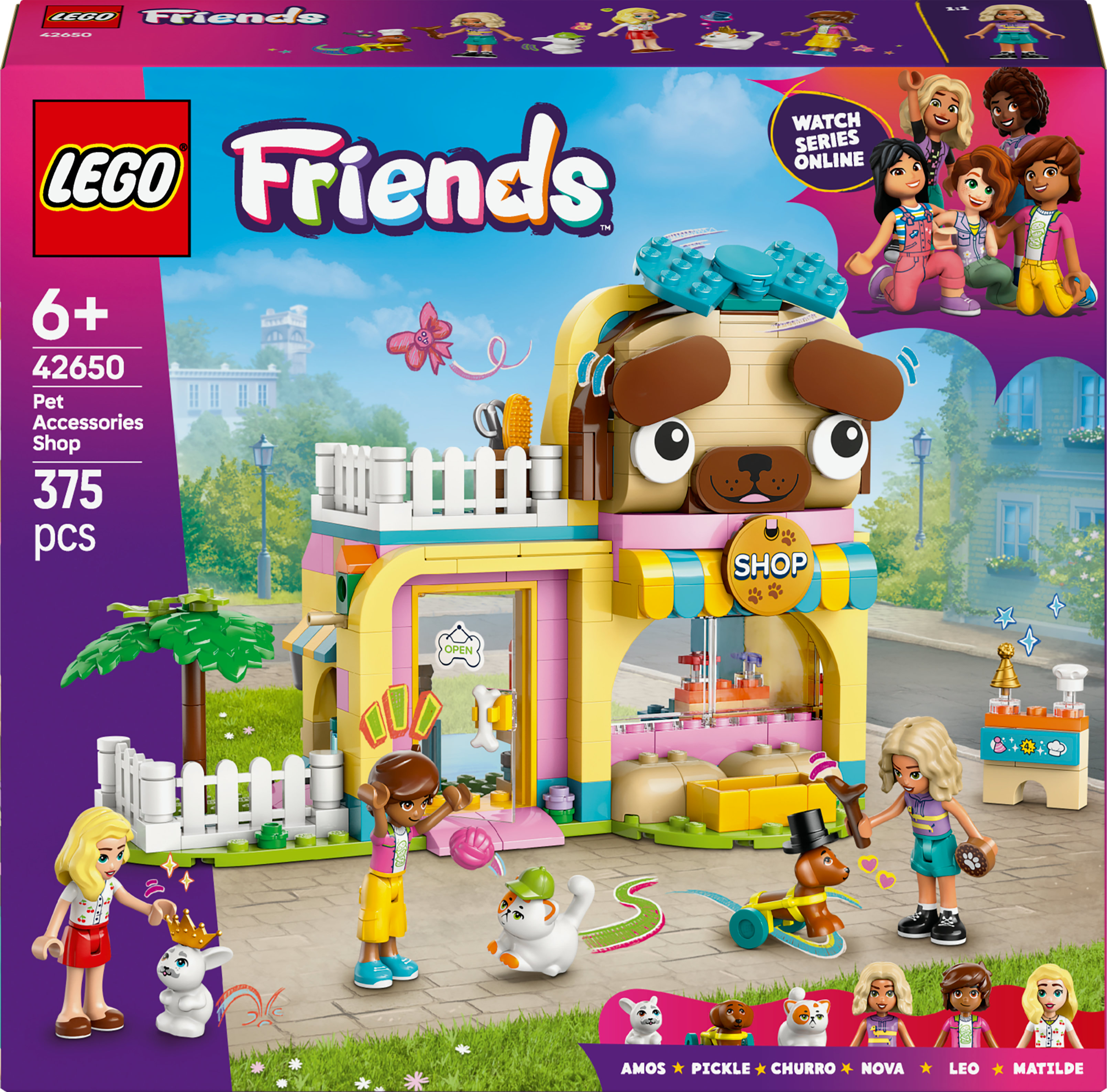 Un set de Lego Friends Pet Accessories Shop con un edificio con cara de pug, mini-figuras y una variedad de accesorios para mascotas.
