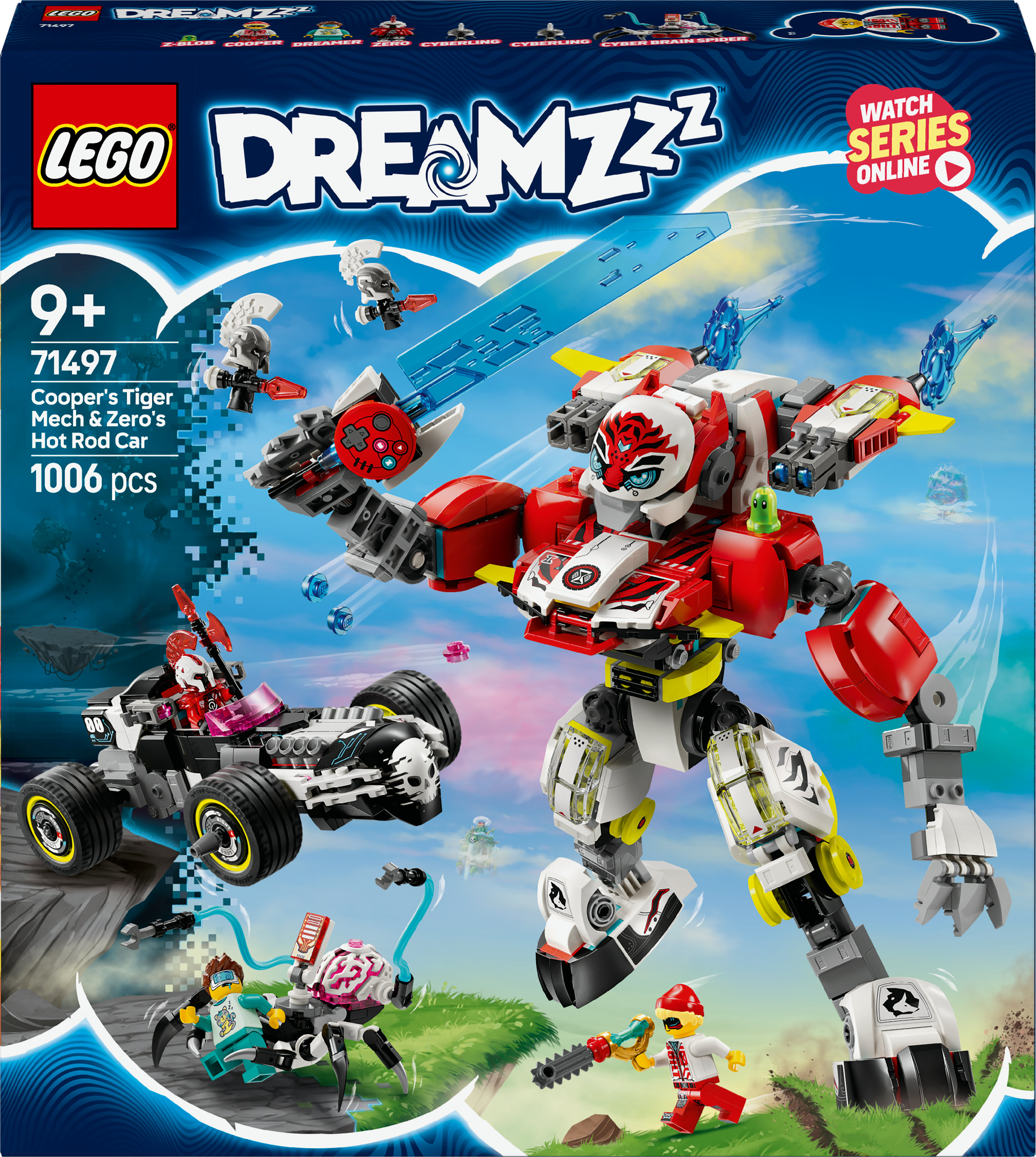 Un set de Lego Dreamzzz con un robot mecánico rojo y blanco y un coche hot rod. Muchas figuras incluidas.