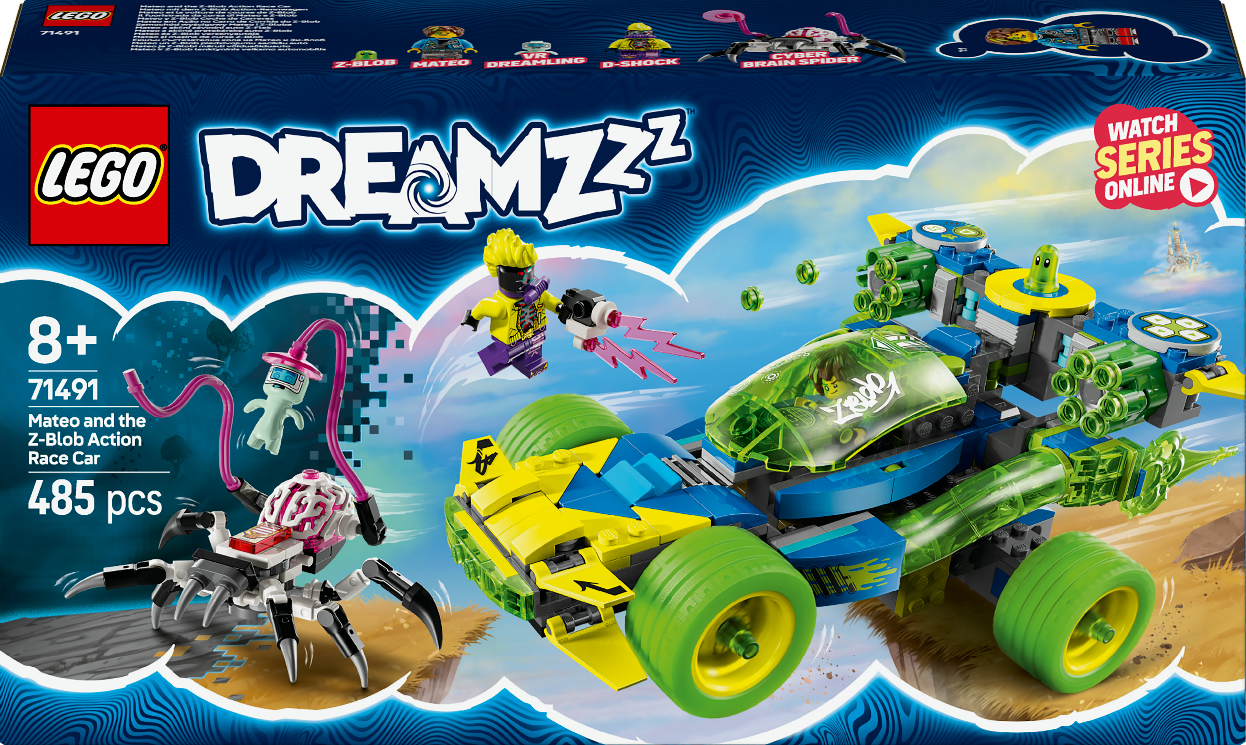 Un set de Lego Dreamzzz de coche de carreras con un coche azul y amarillo, una criatura parecida a una araña y minifiguras en acción.