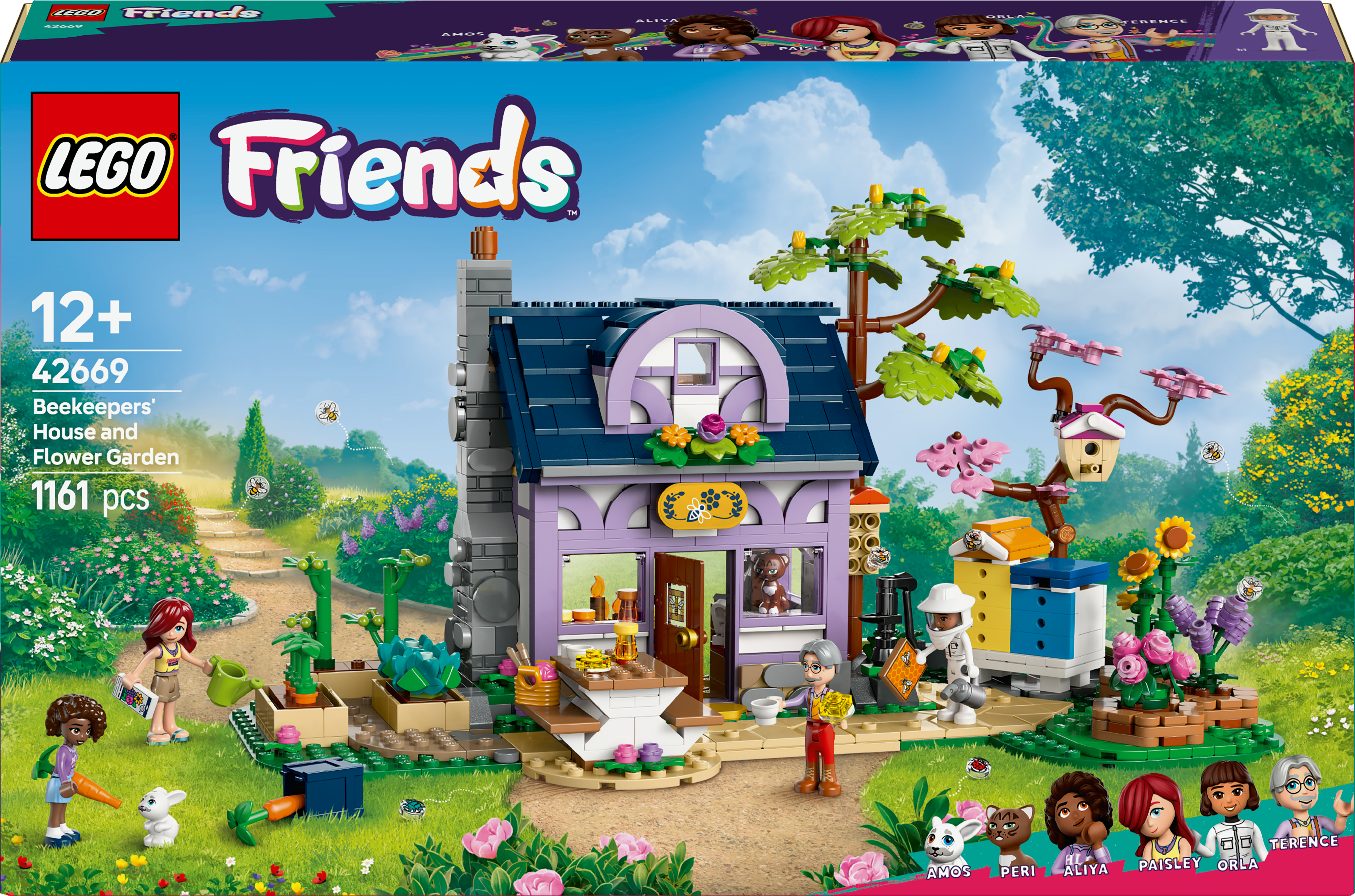 Un set Lego Friends Beekeeper's House and Flower Garden con una casa, mini-figuras y elementos de la naturaleza.