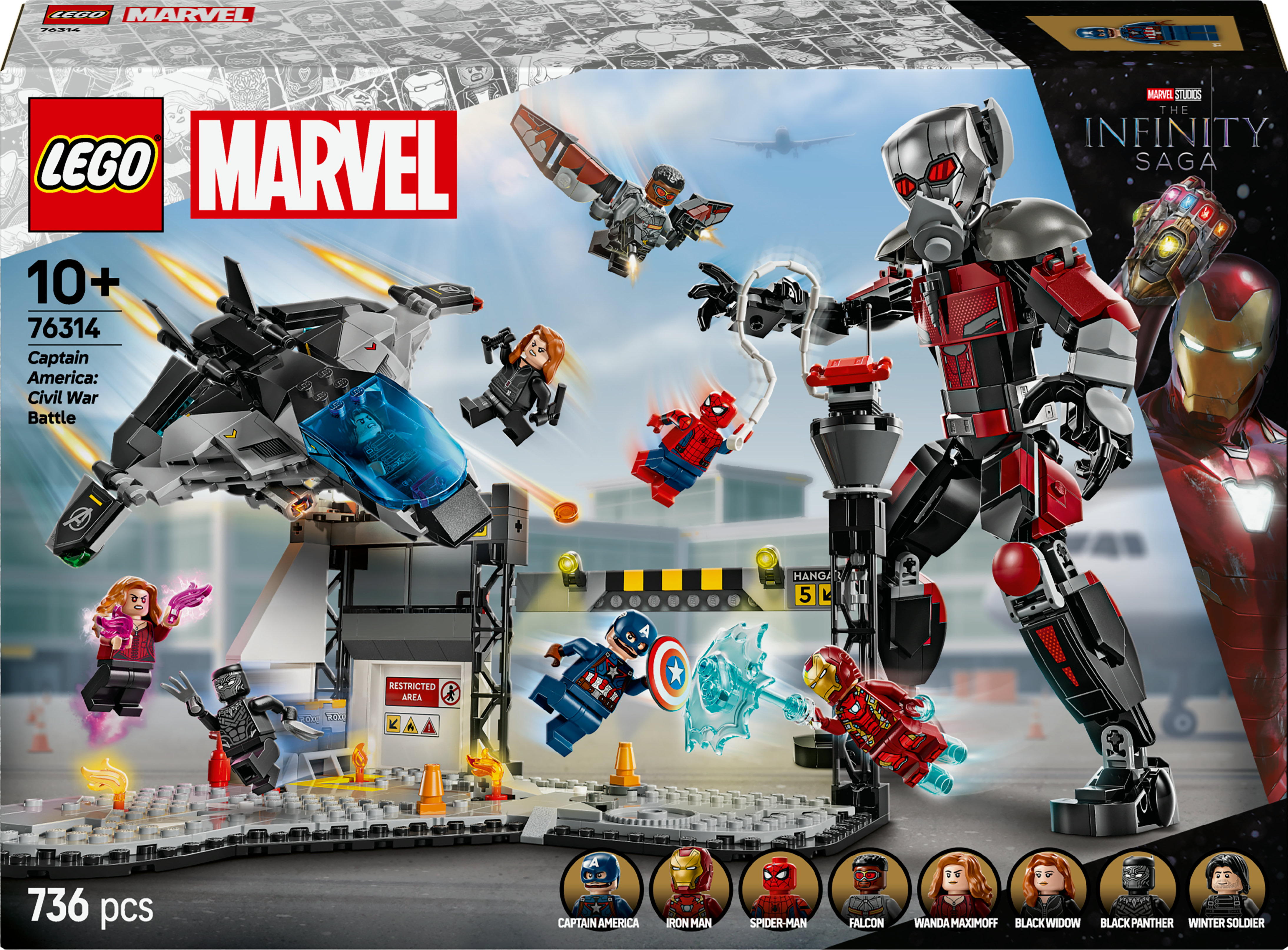La caja del set Lego Marvel muestra al Capitán América, Iron Man y otros héroes luchando contra villanos en una escena de la ciudad.