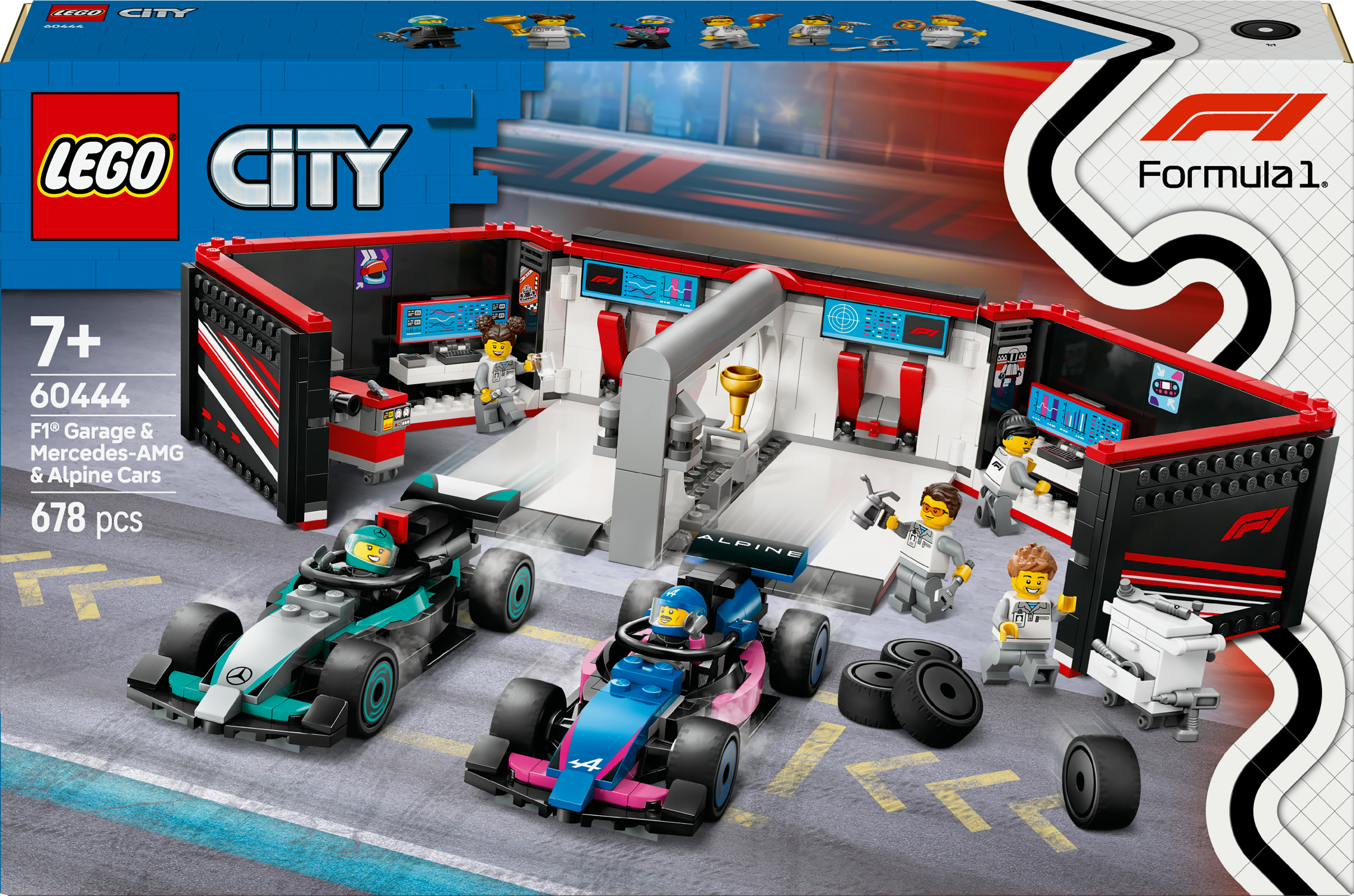La caja del set Lego City muestra un garaje de Fórmula 1 con dos coches de carreras y mecánicos trabajando en ellos.