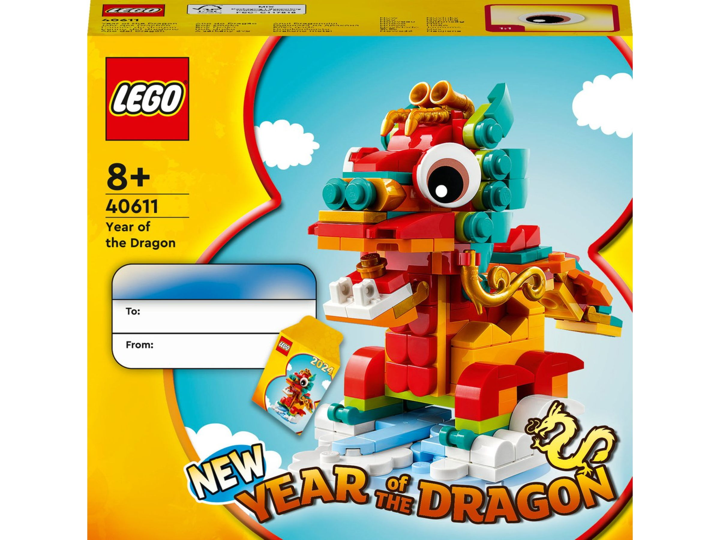 Scatola Lego per il set Anno del Drago. Un drago rosso e giallo sulla scatola. Biglietto regalo.