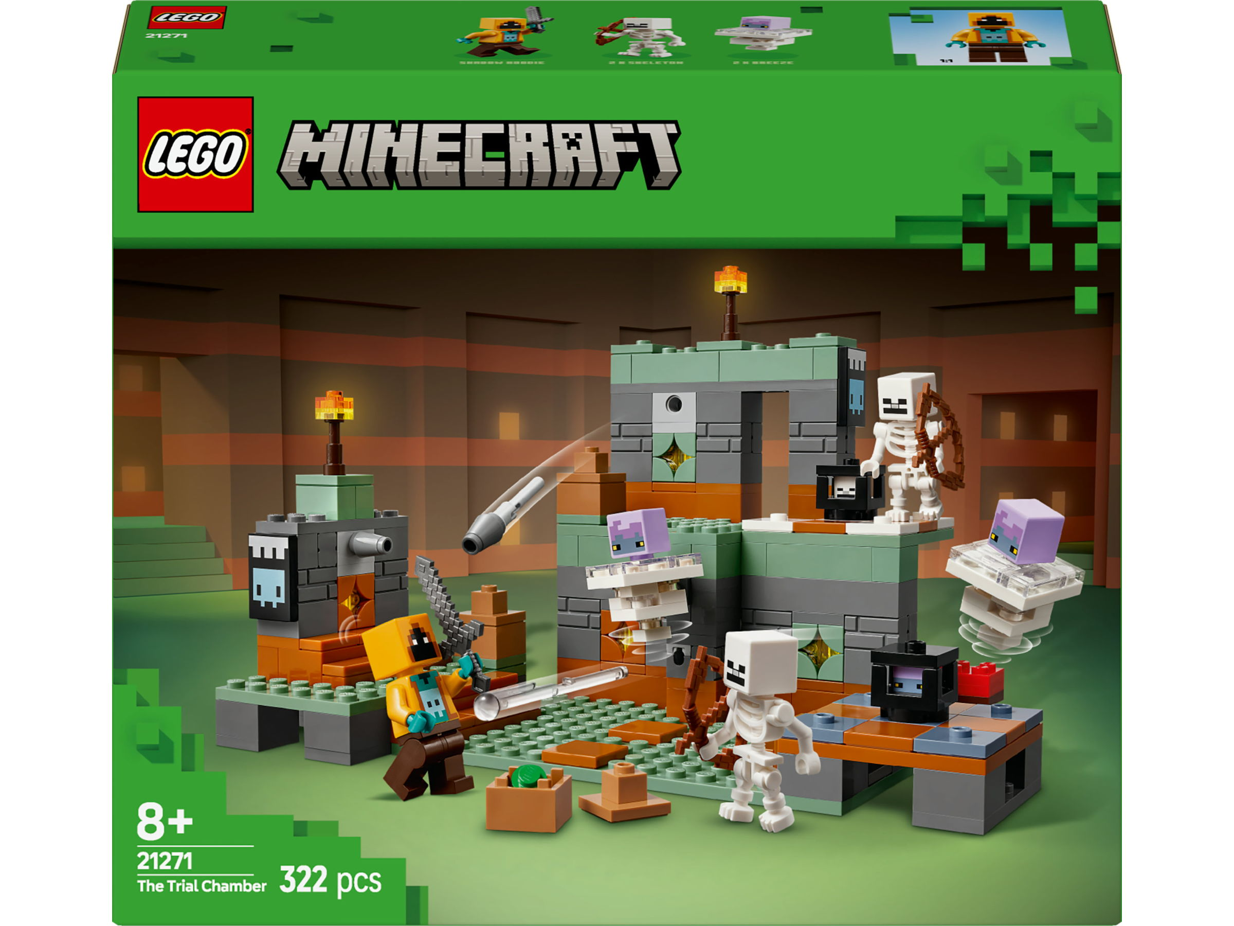 Zestaw LEGO Minecraft: Komnata Prób, z szkieletami, strukturą i minifigurkami.