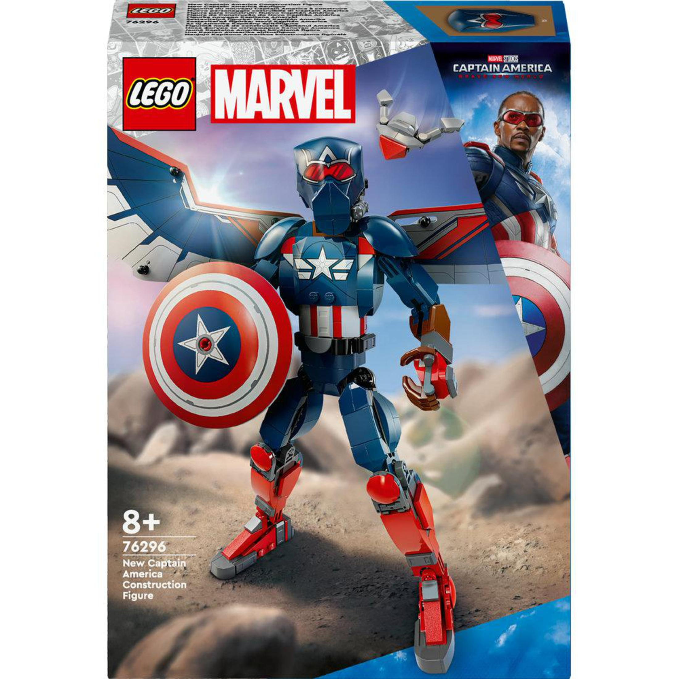 Figurka Lego Marvel Kapitan Ameryka, niebiesko-czerwony strój, tarcza, opakowanie.
