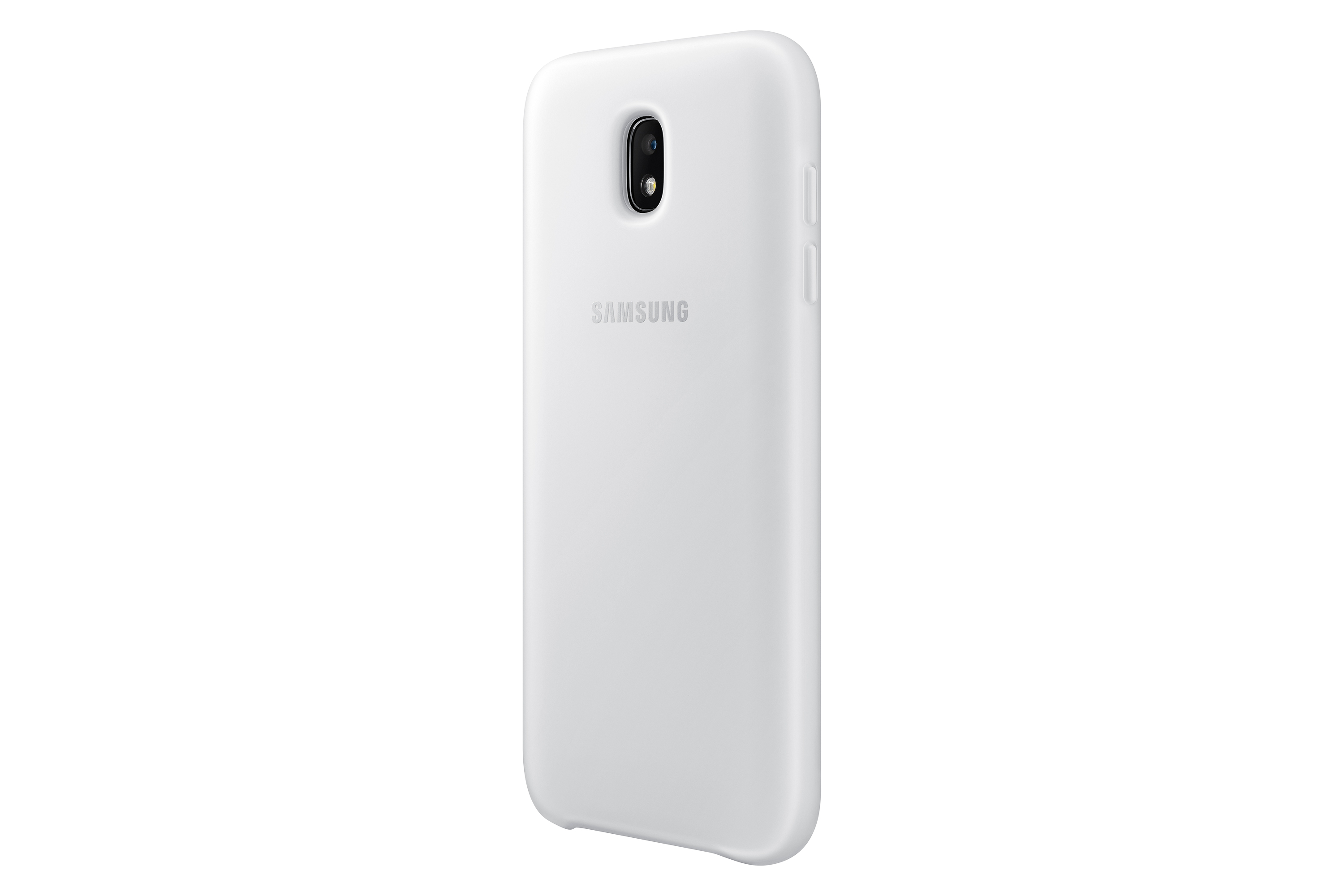 Una funda de teléfono blanca con un teléfono blanco dentro, mostrando el logo de Samsung.