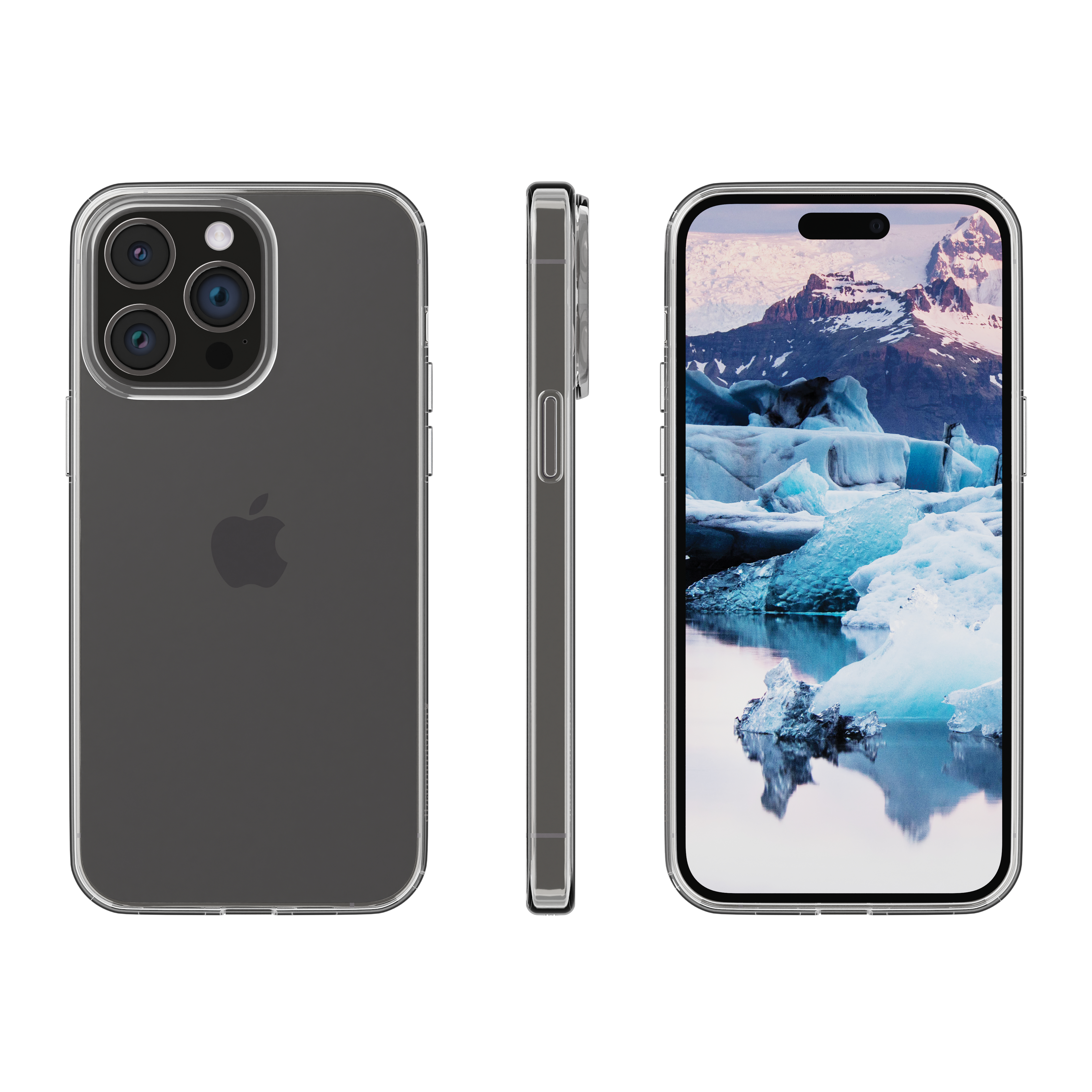 Drei Ansichten eines Telefons in einer transparenten Hülle: Vorderseite mit Bildschirm, Seite und Rückseite mit Apple-Logo.