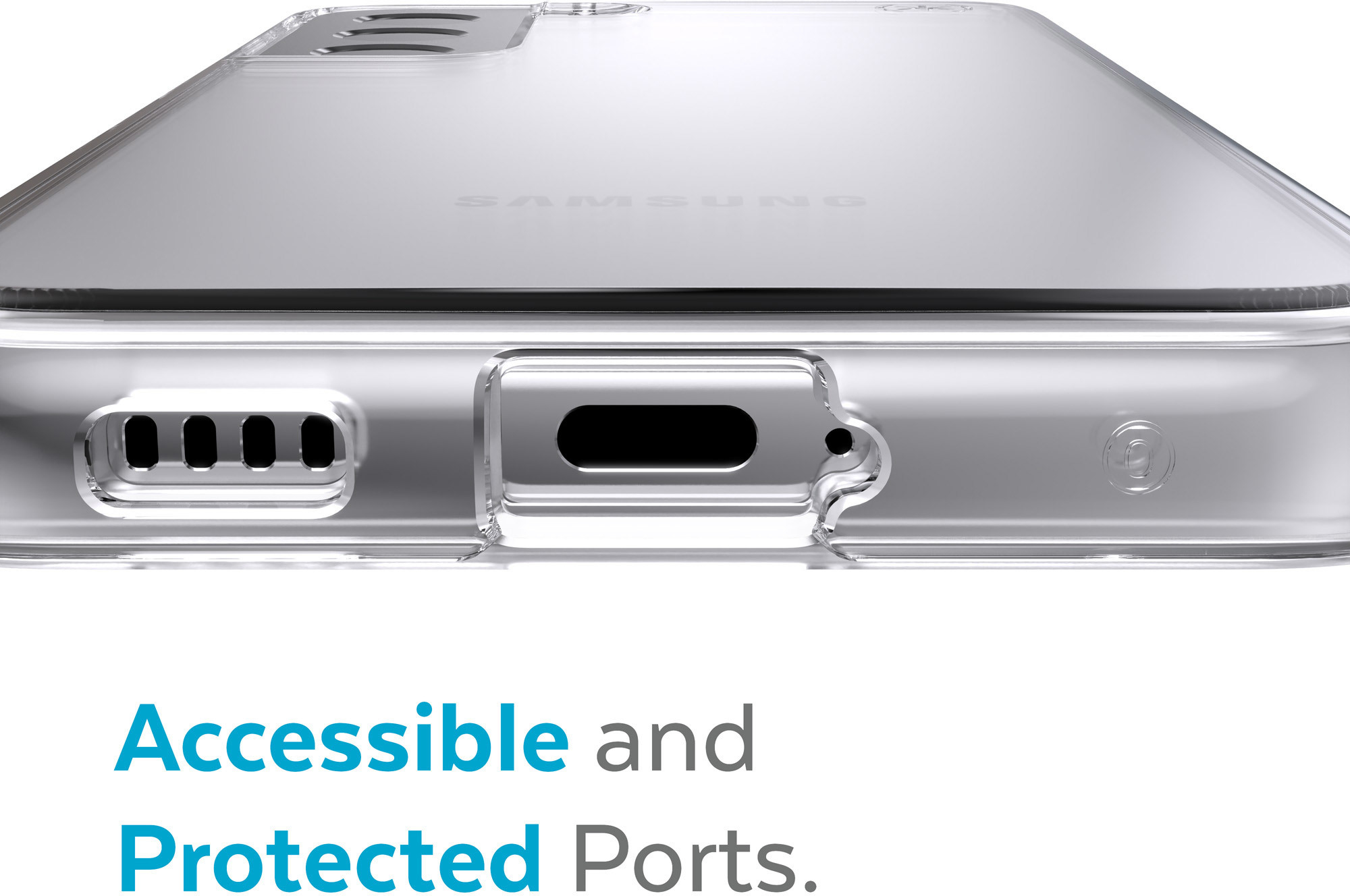 Primo piano della porta di ricarica e dell'altoparlante di un telefono, con la scritta 'Porte accessibili e protette'.