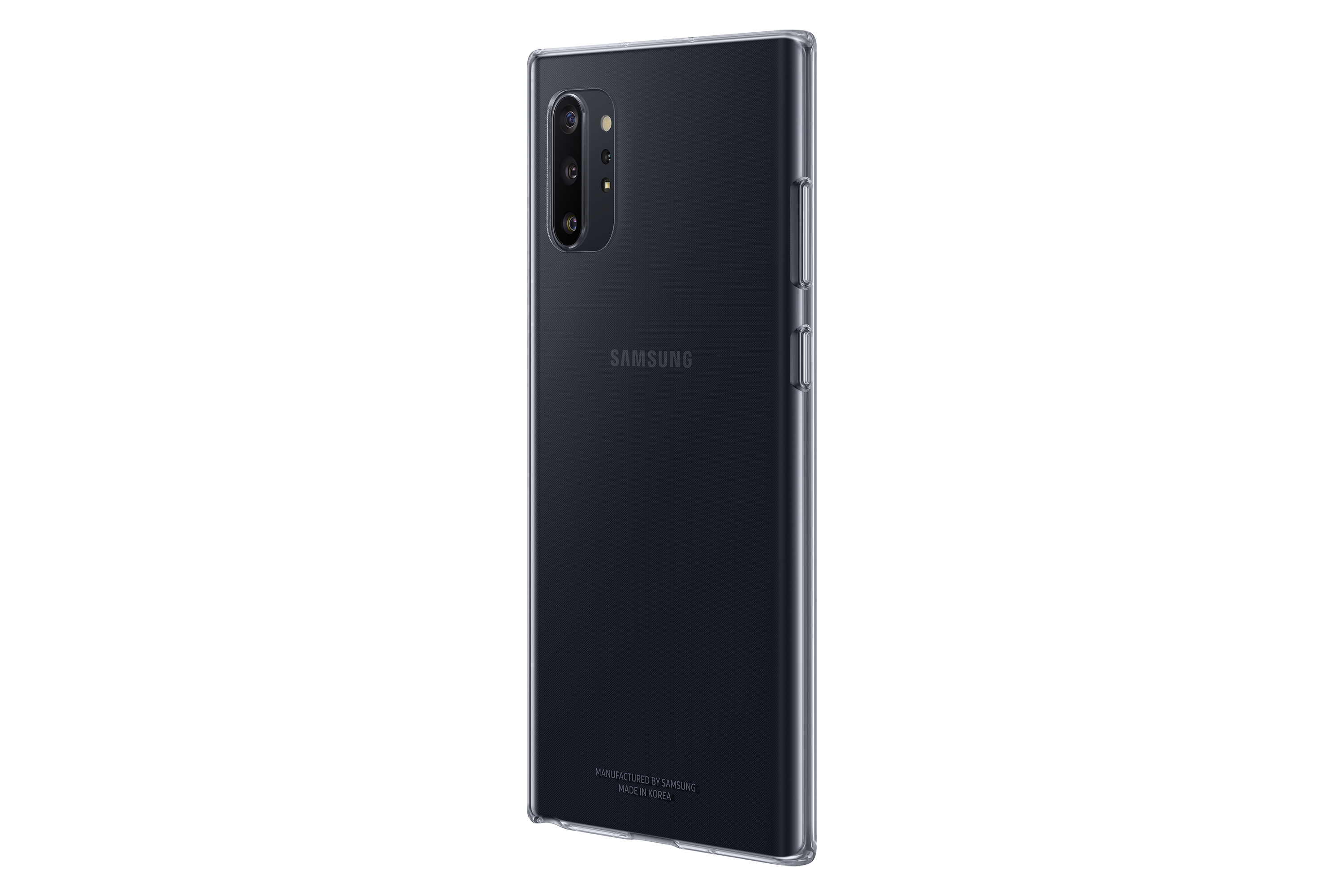 Schwarzes Samsung-Telefon mit durchsichtiger Hülle, zeigt die Rückseite mit Kamera und Logo.