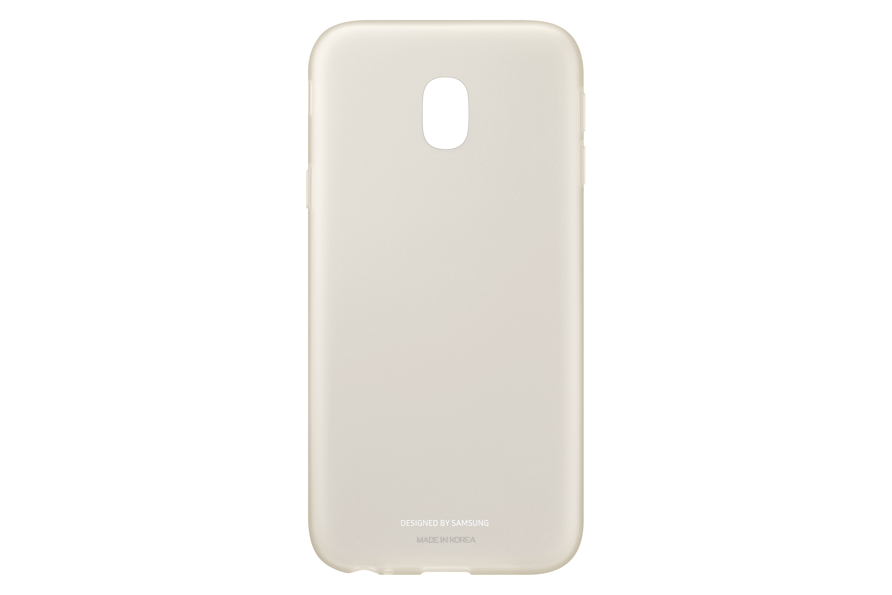 Una custodia per telefono Samsung beige chiaro con il marchio in basso.