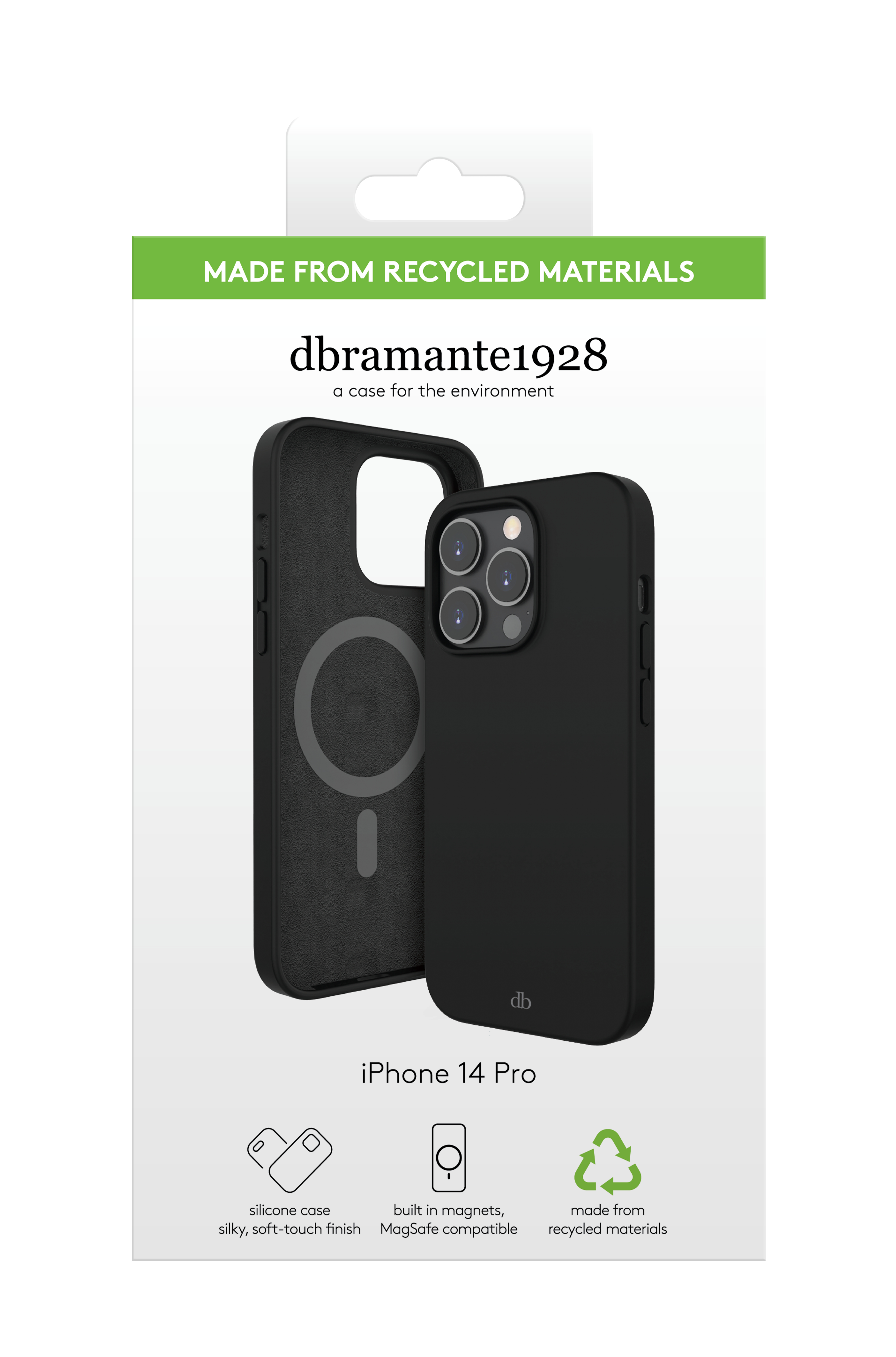 Custodia per iPhone 14 Pro nella confezione. La custodia è nera con anello MagSafe. Testo: Realizzato con materiali riciclati.