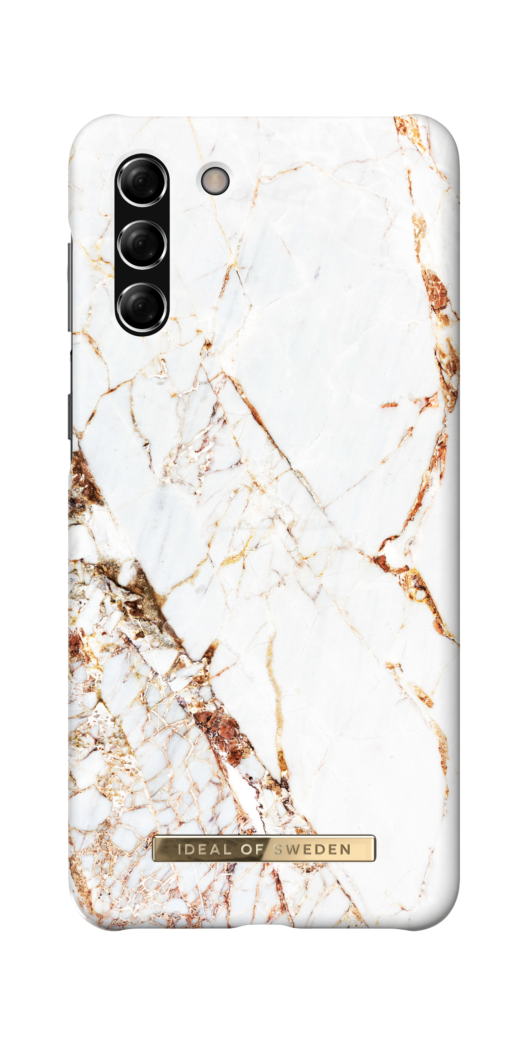 Custodia per smartphone con motivo a marmo bianco e dettagli dorati e il logo Ideal of Sweden.