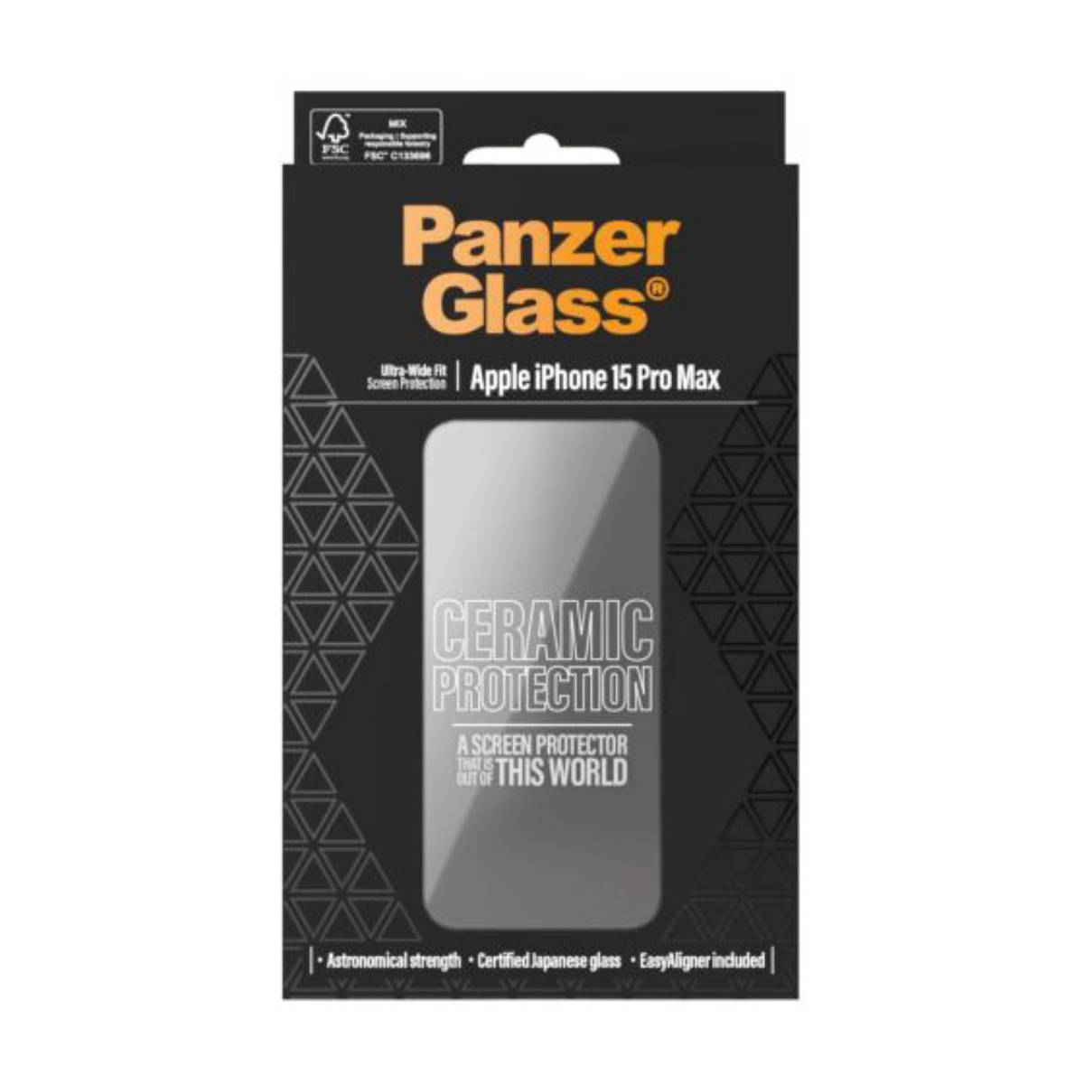 Confezione del proteggi schermo PanzerGlass per Apple iPhone 15 Pro Max, sfondo nero.