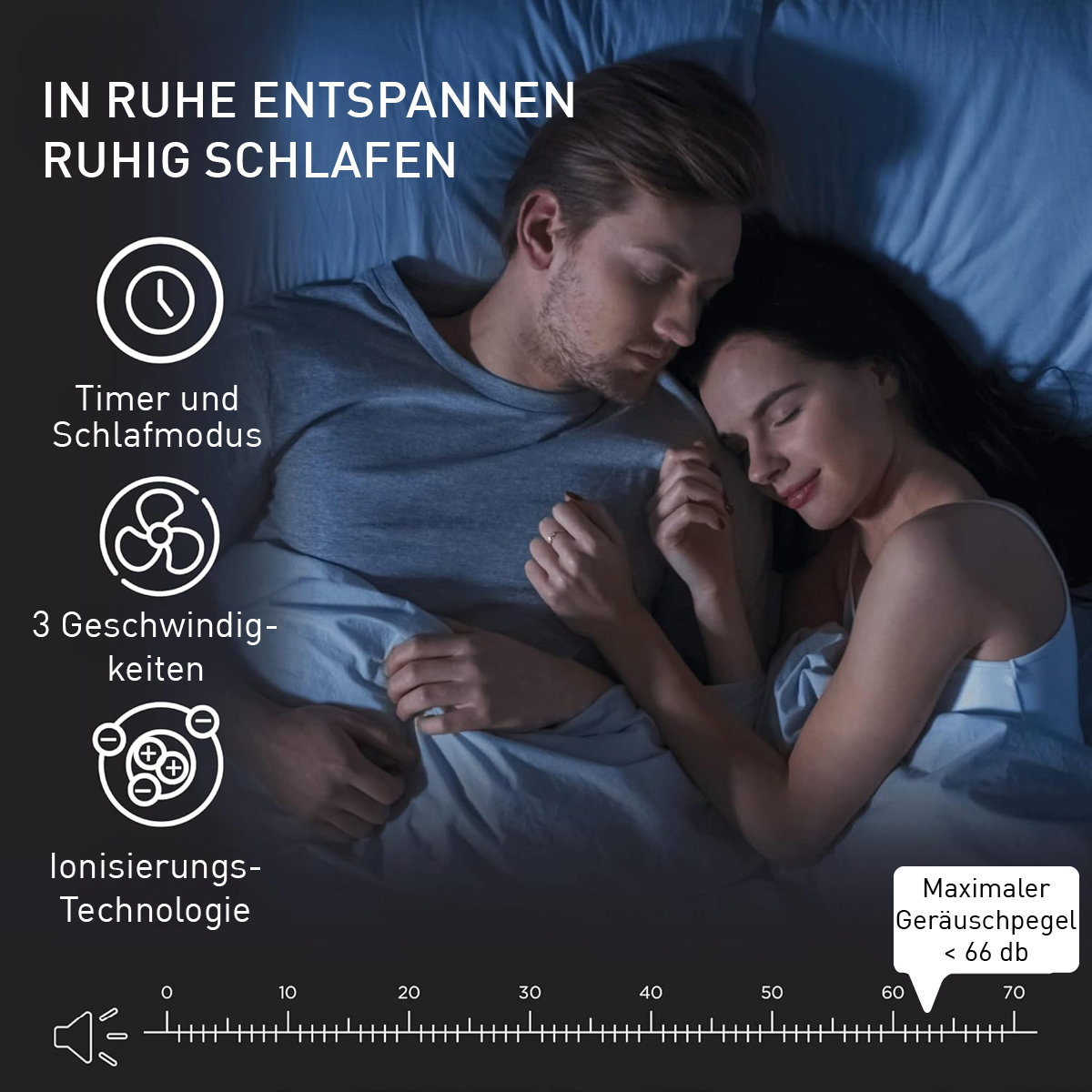 Koppel slapend in bed met iconen over timer, snelheden en geluidsniveau.