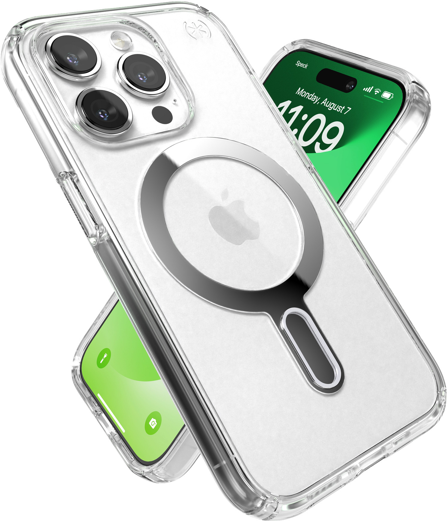 Una funda transparente para teléfono con un anillo MagSafe alrededor de la cámara y un teléfono con la hora 11:09 en la pantalla.