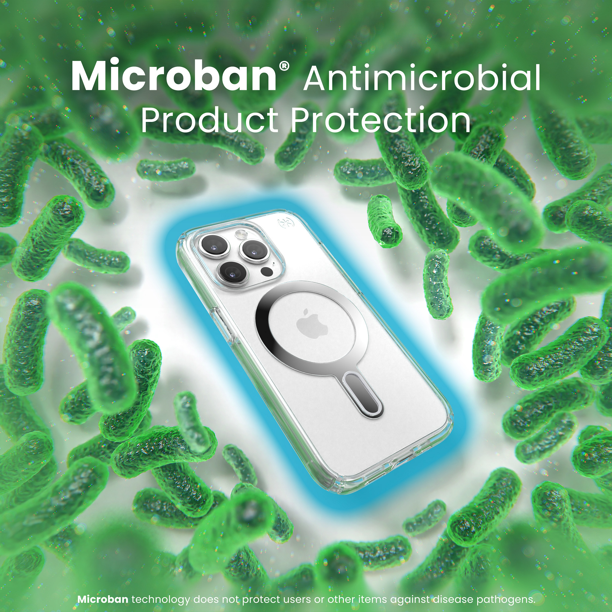 Teléfono en funda transparente, rodeado de bacterias verdes, con texto "Microban" Protección.
