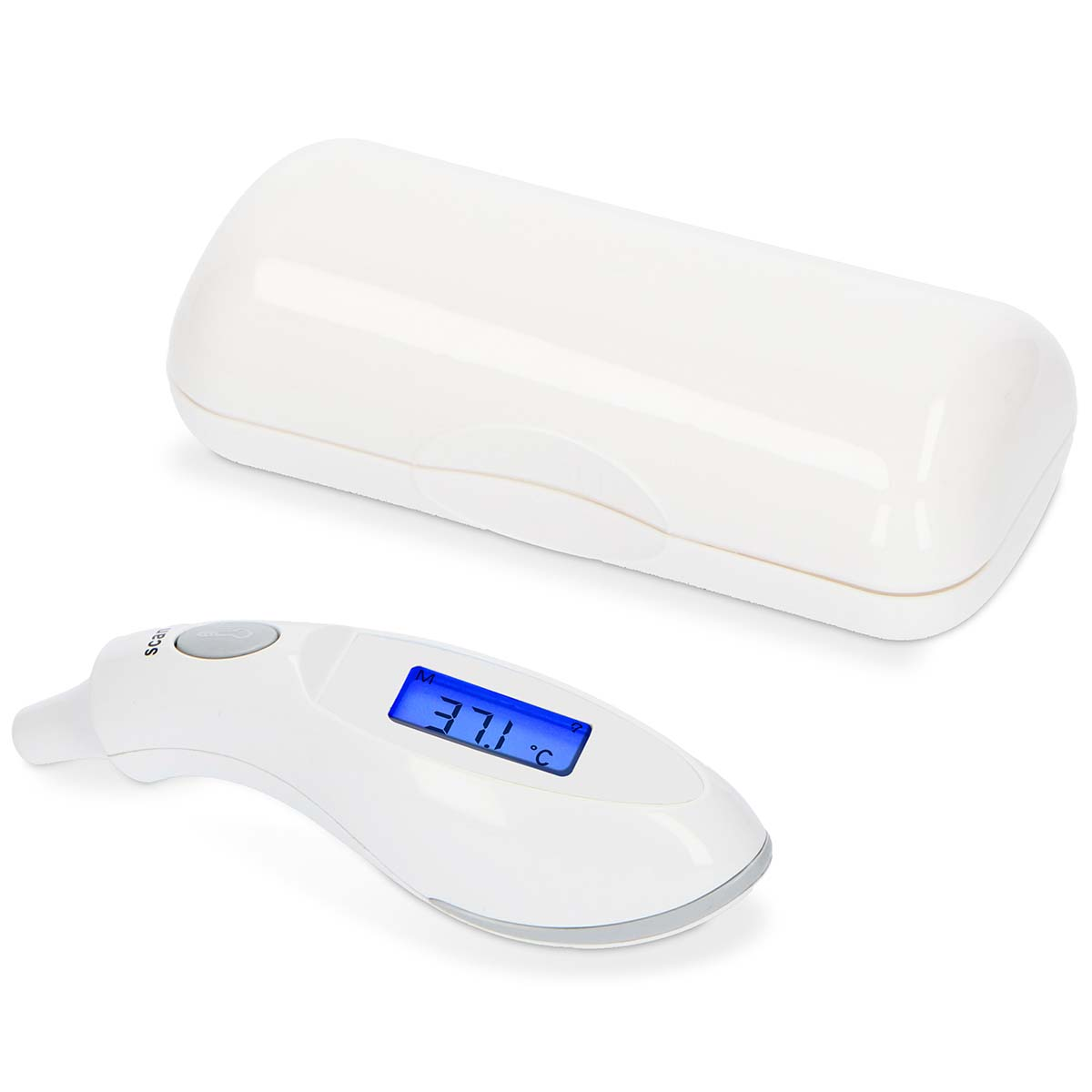 Weißes digitales Thermometer und ein weißes Gehäuse. Thermometer zeigt 37,1 °C an.