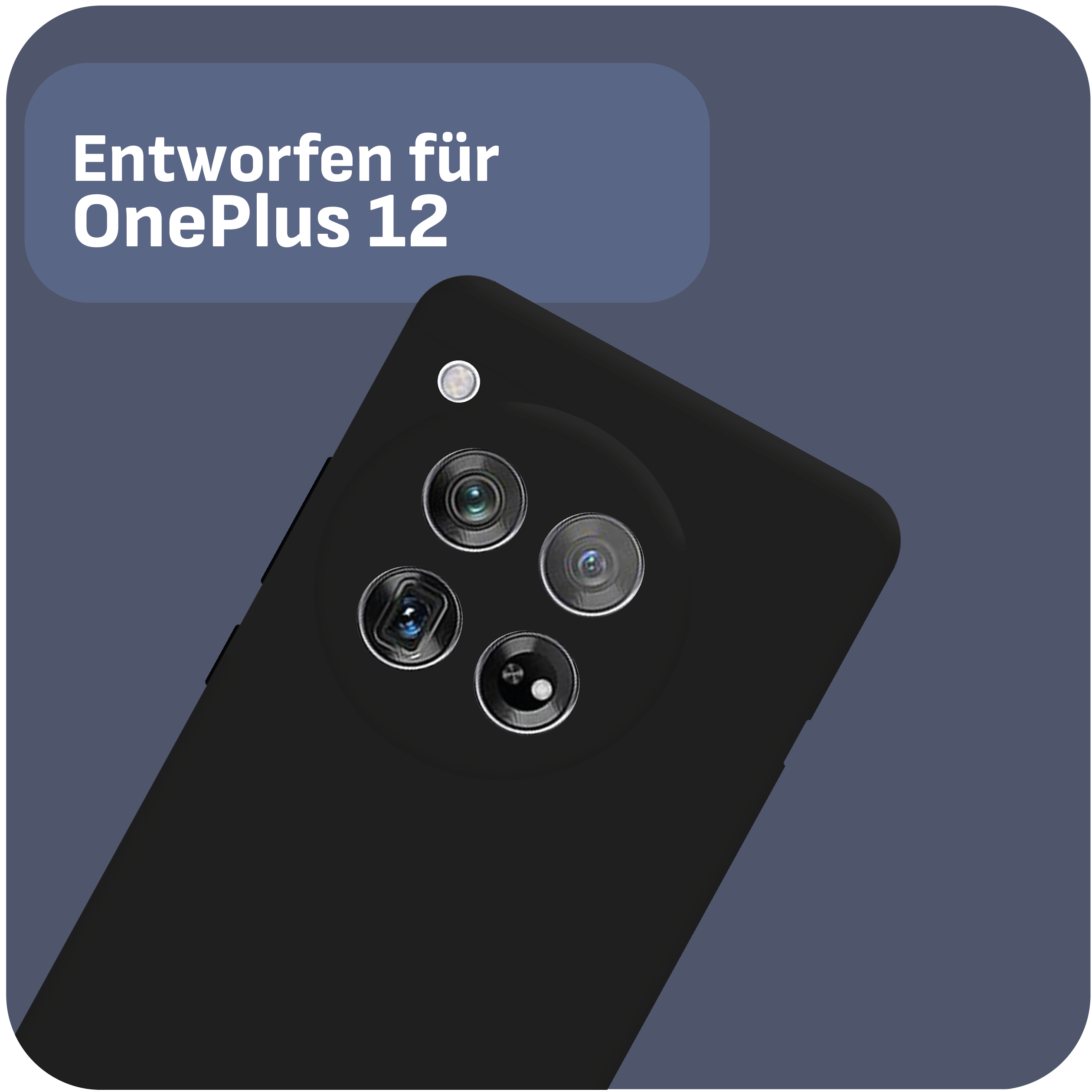 Eine schwarze Handyhülle mit Kameraausbuchtung. Der Text lautet: 'Designed für OnePlus 12'.
