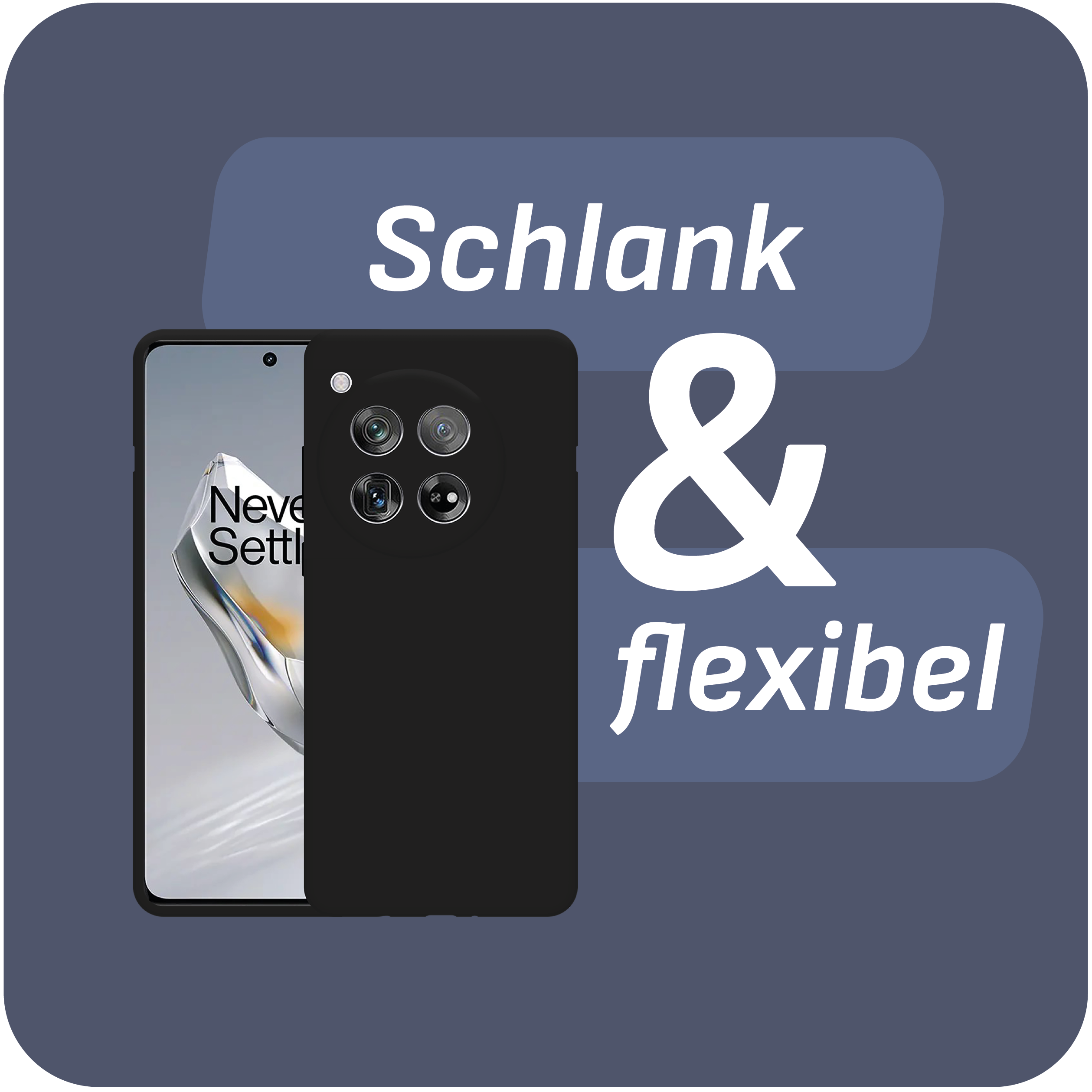Eine schwarze Handyhülle mit Telefon. Der Text lautet 'Schlank & flexibel'.
