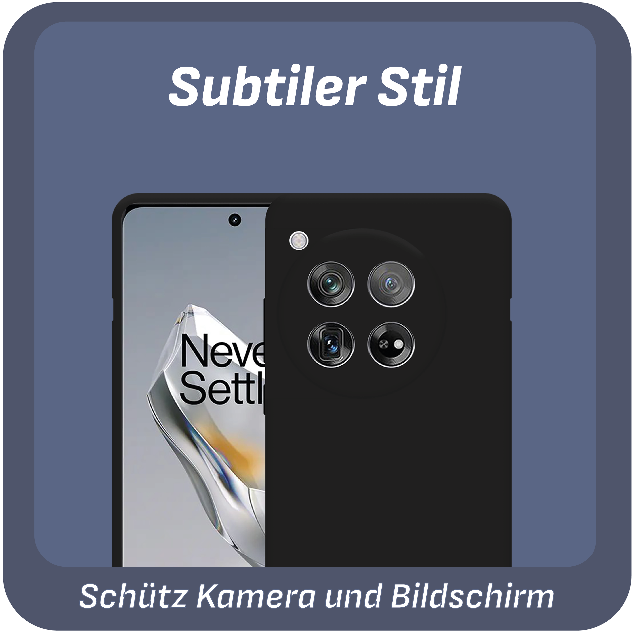 Schwarzes Telefon mit Hülle. Die Hülle hat einen Kameraausschnitt. Text lautet 'Schütz Kamera und Bildschirm'.