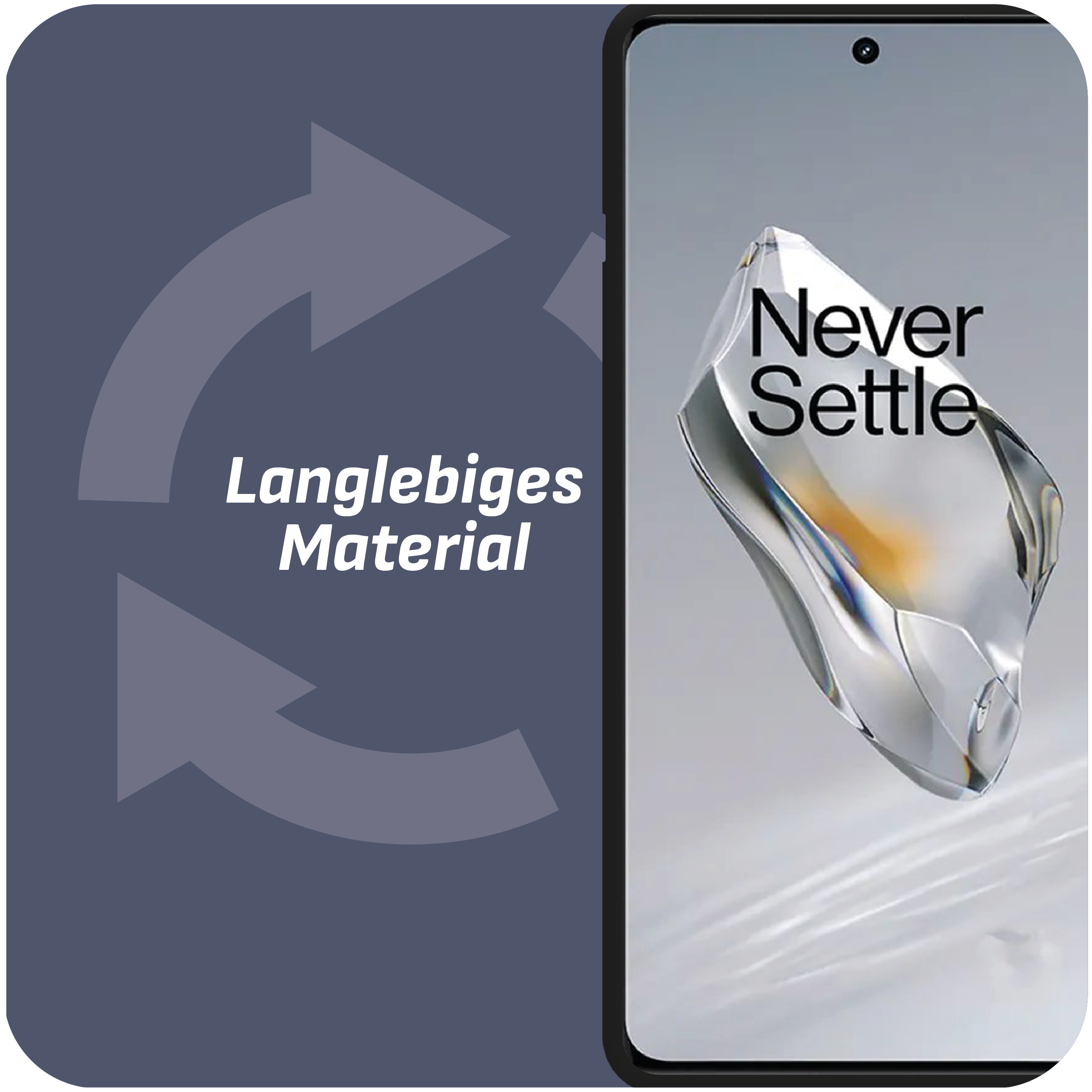 Smartphone mit spiegelnder Oberfläche mit 'Never Settle' Text, mit Pfeilen und Wörtern.