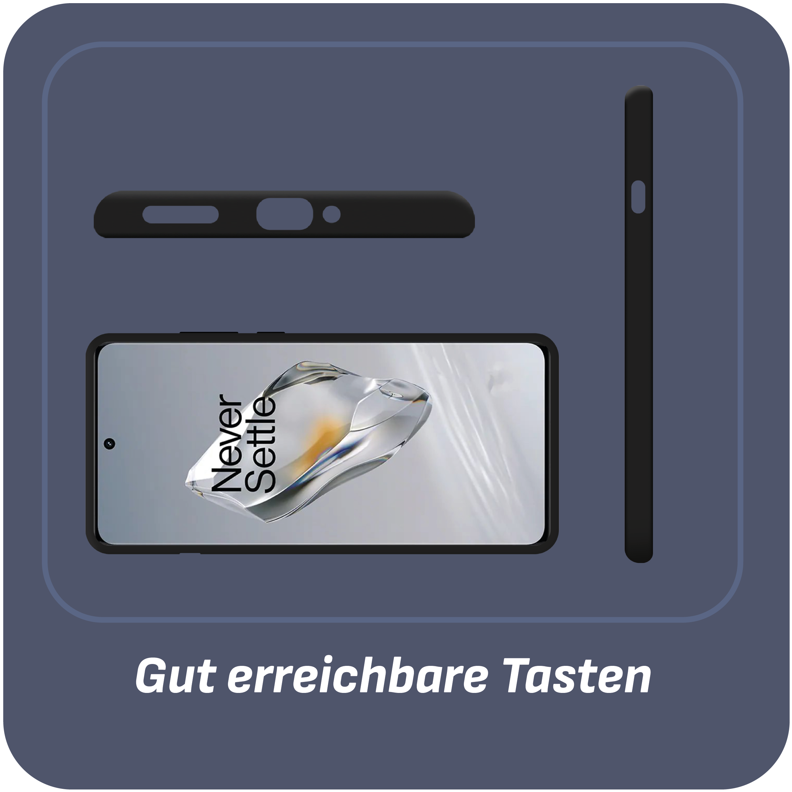Eine schwarze Handyhülle mit einem Telefon darin, mit den Worten 'Never Settle' auf dem Bildschirm und einem dunklen Hintergrund.