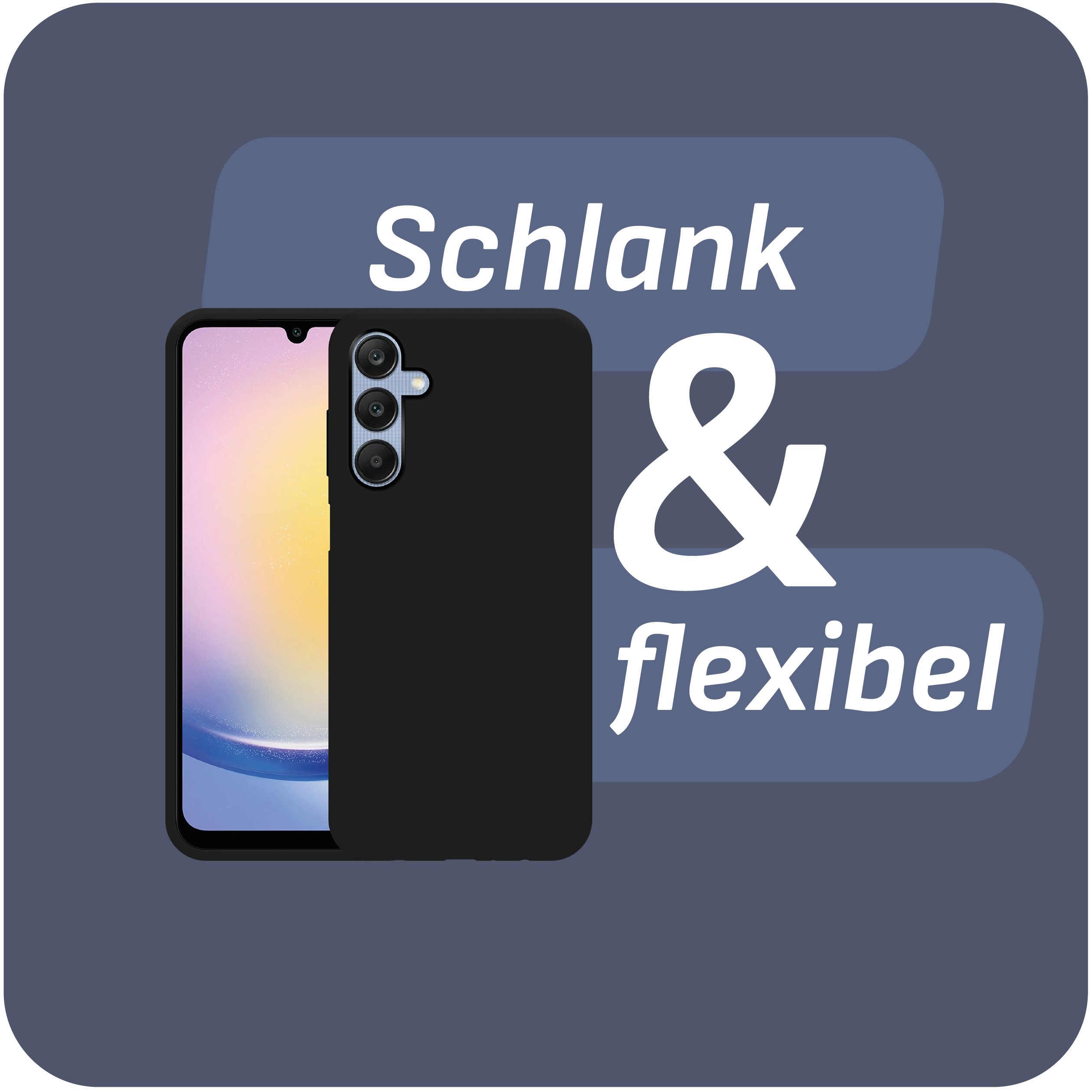 Schwarzes Telefon in einer schwarzen Hülle. Text auf dem Bild sagt 'Schlank & flexibel'.