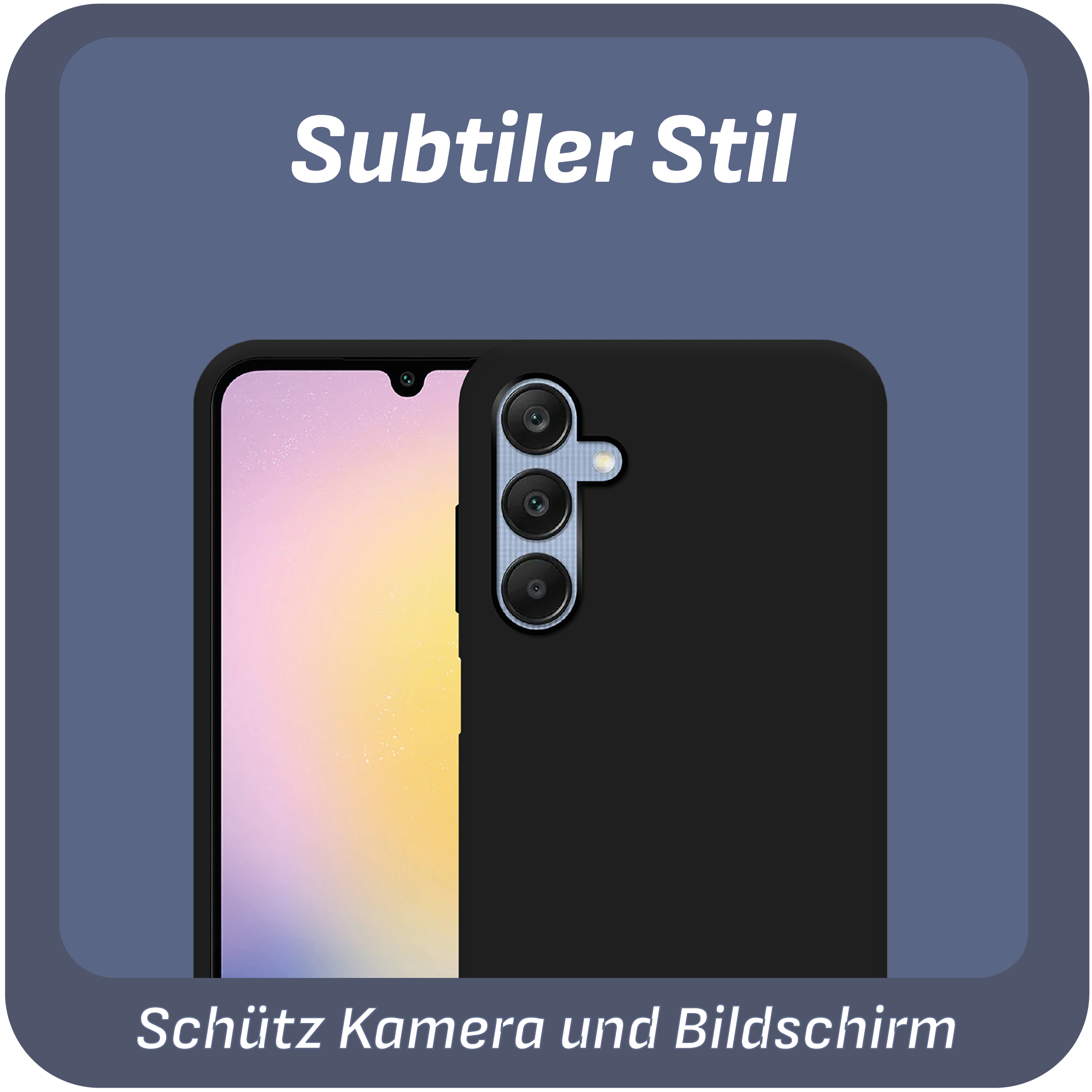 Schwarzes Telefon mit Bildschirm, Schutzhülle und Text: Subtiler Stil, Schützen Sie Kamera und Bildschirm.