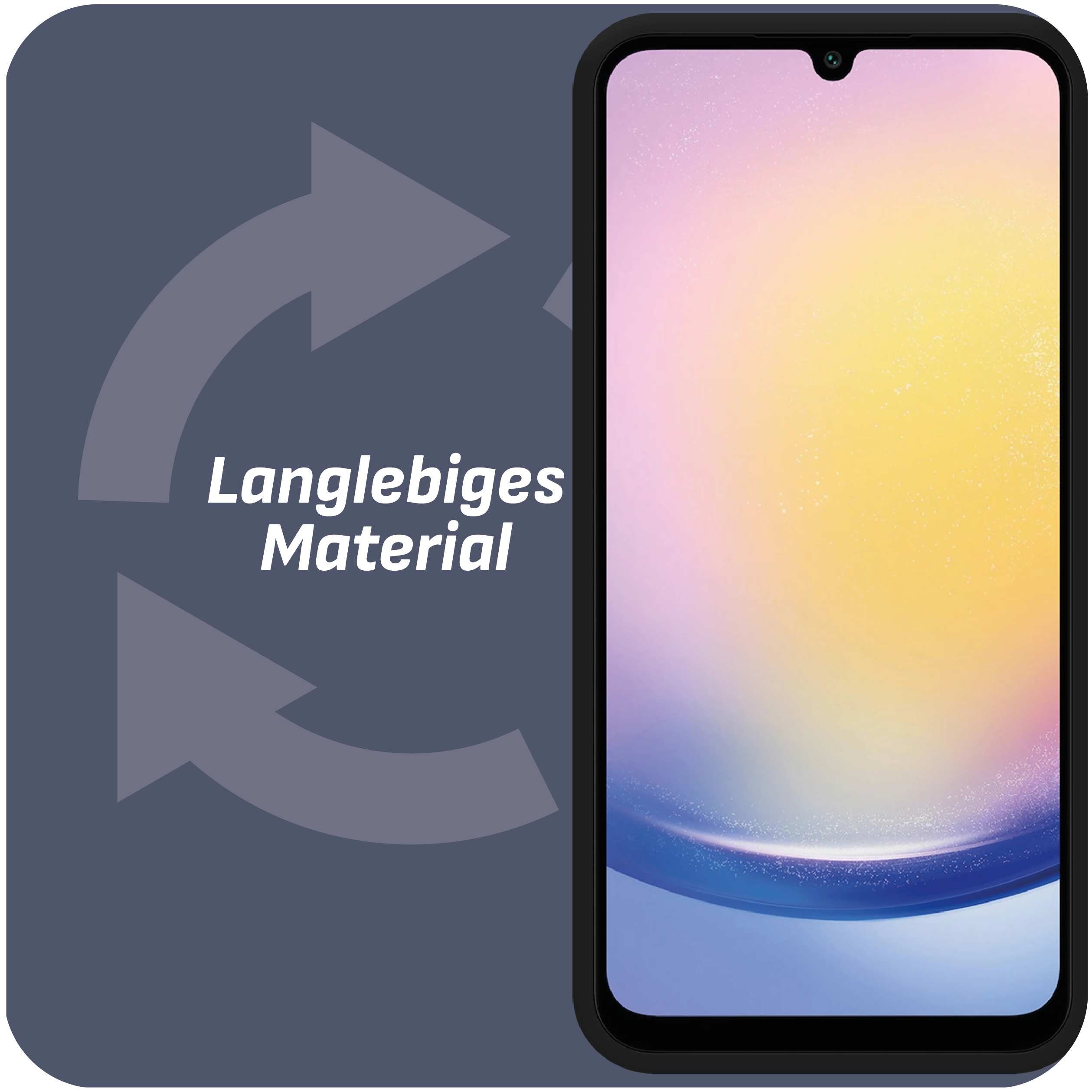 Smartphone mit farbenfrohem Bildschirm, umgeben von einer schwarzen Hülle und Pfeilen.