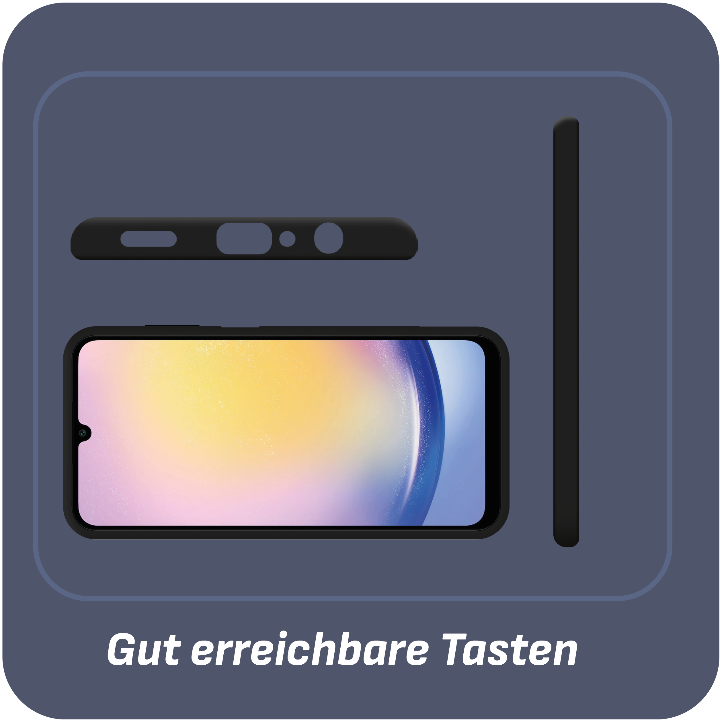 Eine Handyhülle und ihre Teile. Sie hat einen Bildschirm, Text: 'Gut erreichbare Tasten'.