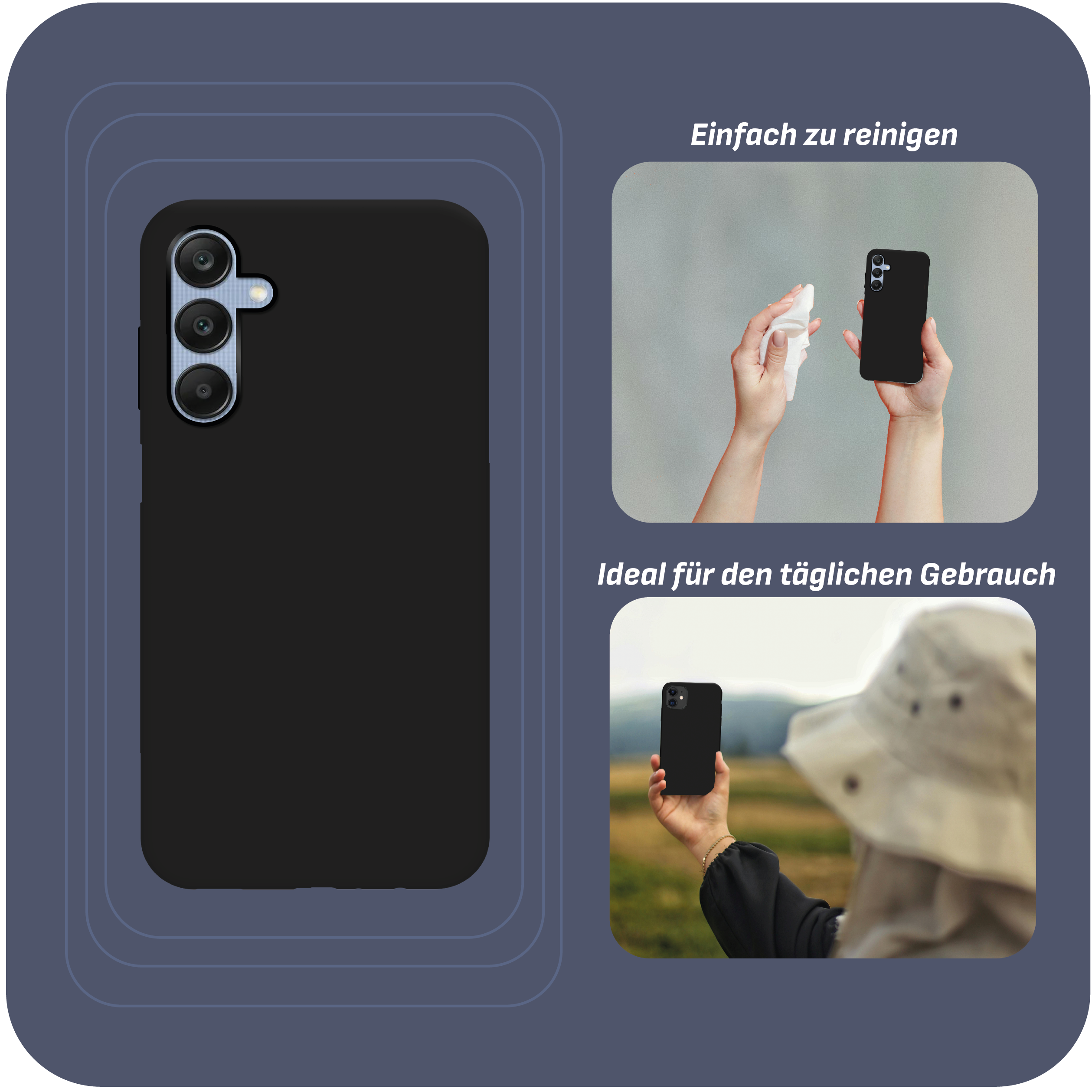 Schwarze Handyhülle mit Handy. Text: 'Einfach zu reinigen' und 'Ideal für den täglichen Gebrauch'.