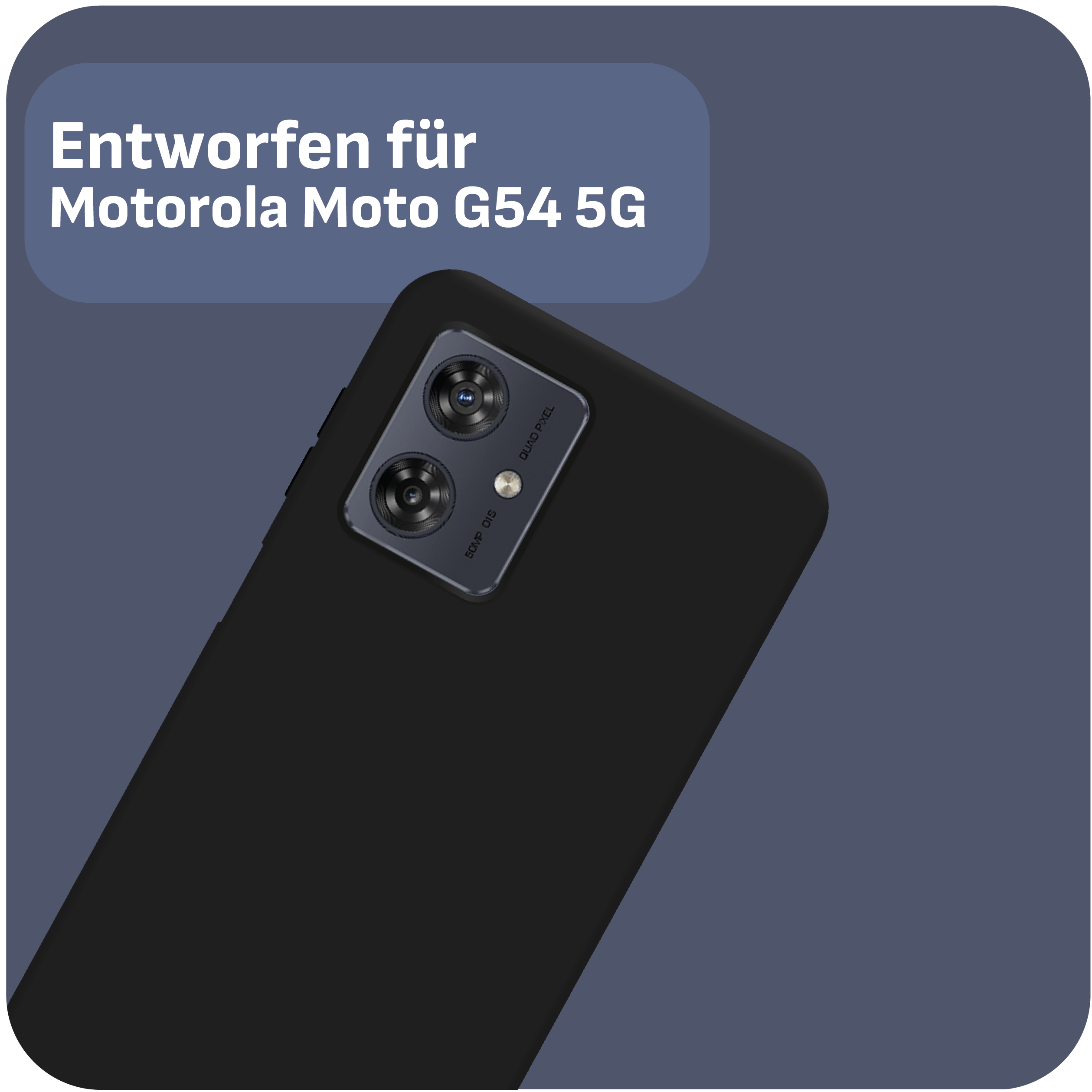 Schwarzes Telefon in einer schwarzen Hülle, mit Text-Overlay.